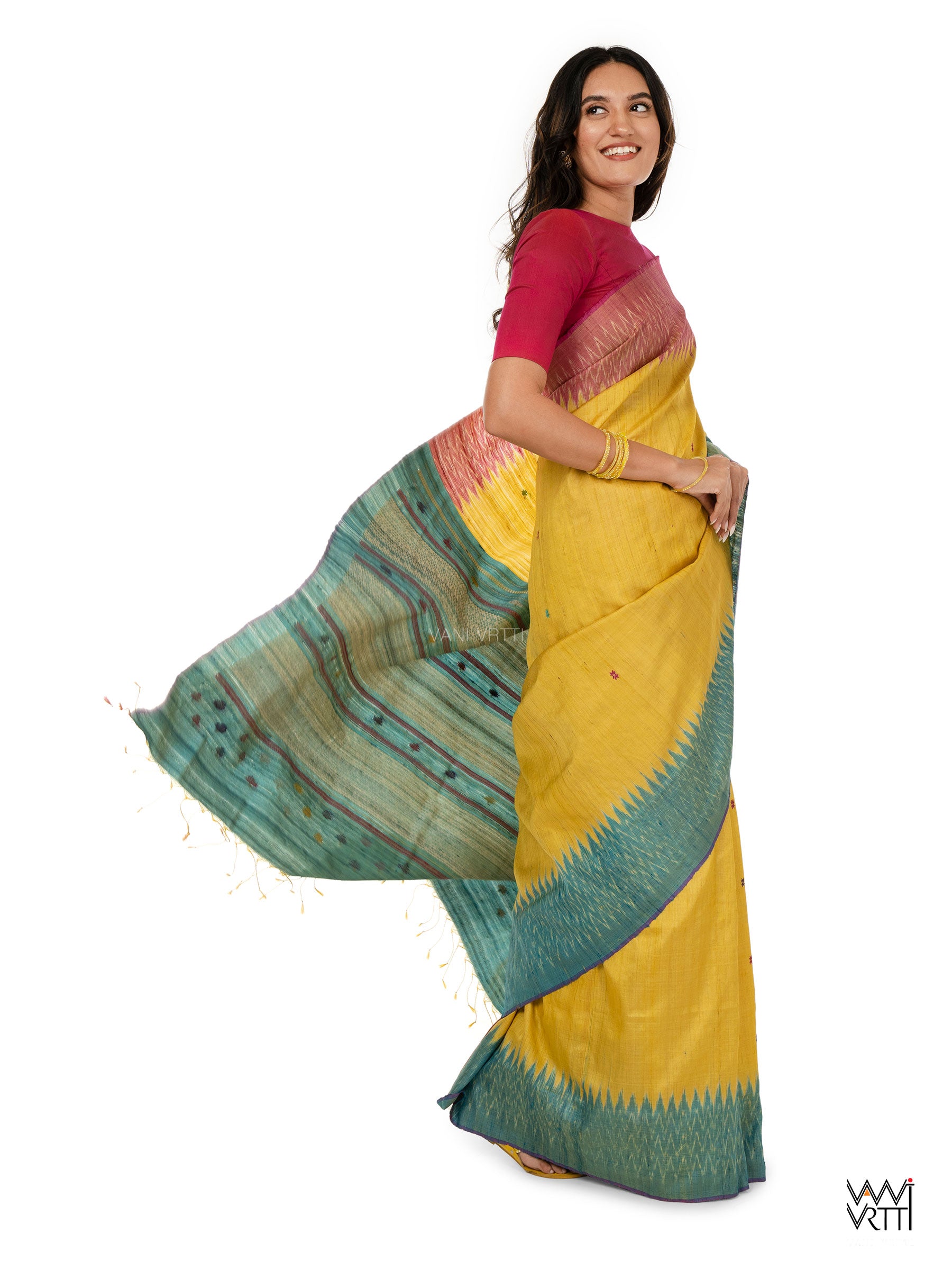 Yellow Sea Blue Pink Anjana Handspun Tussar Silk Saree