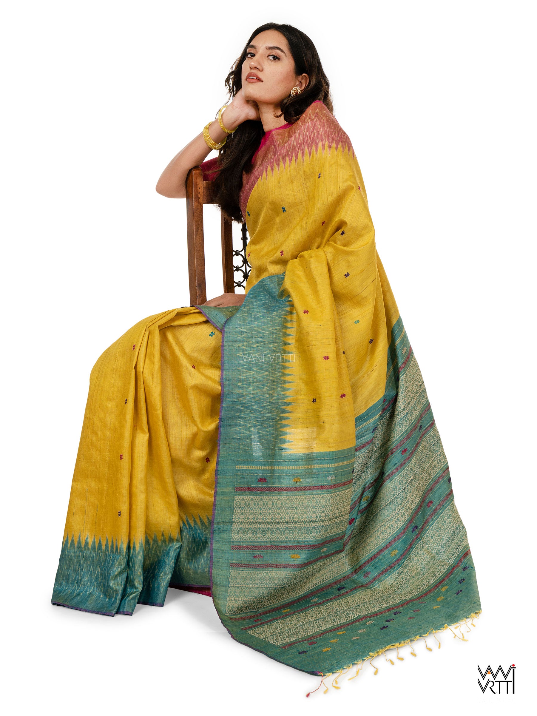 Yellow Sea Blue Pink Anjana Handspun Tussar Silk Saree