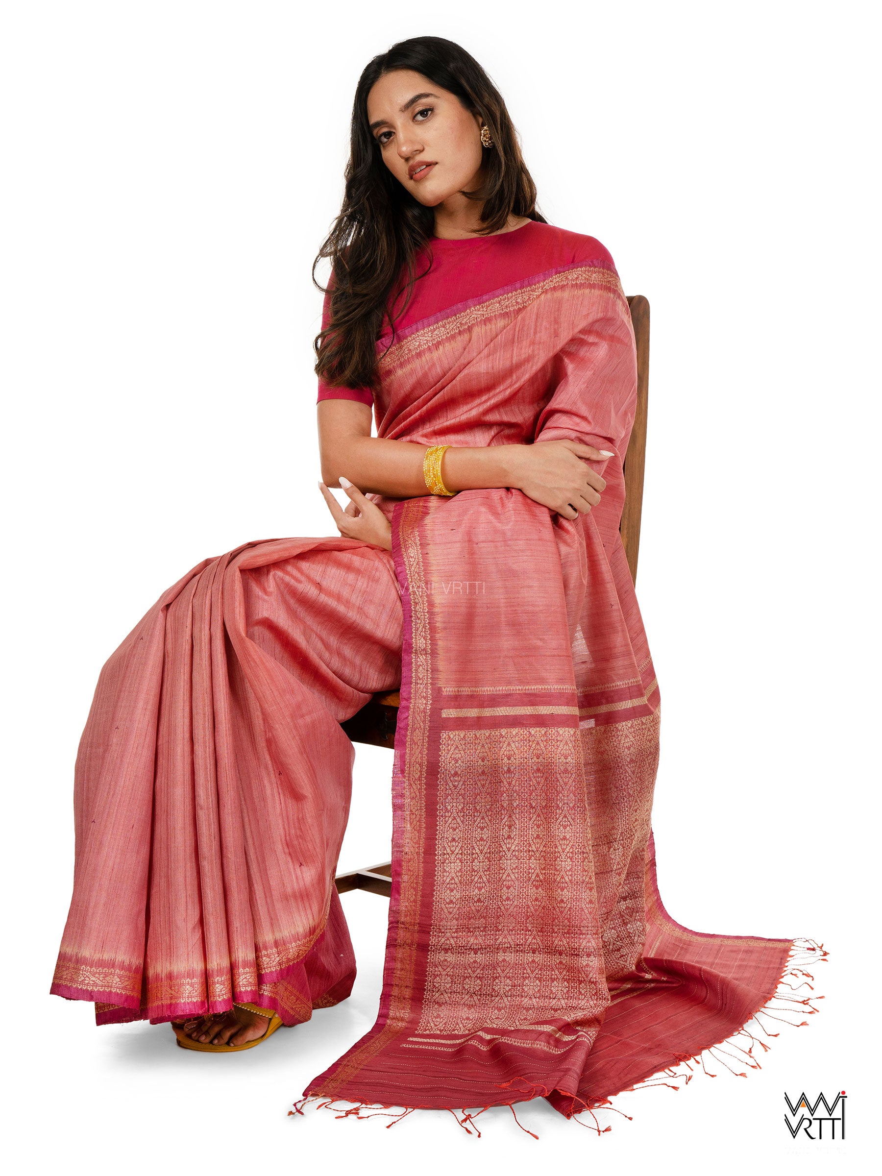 Rose Pink Madhumalati Handspun Tussar Silk Saree