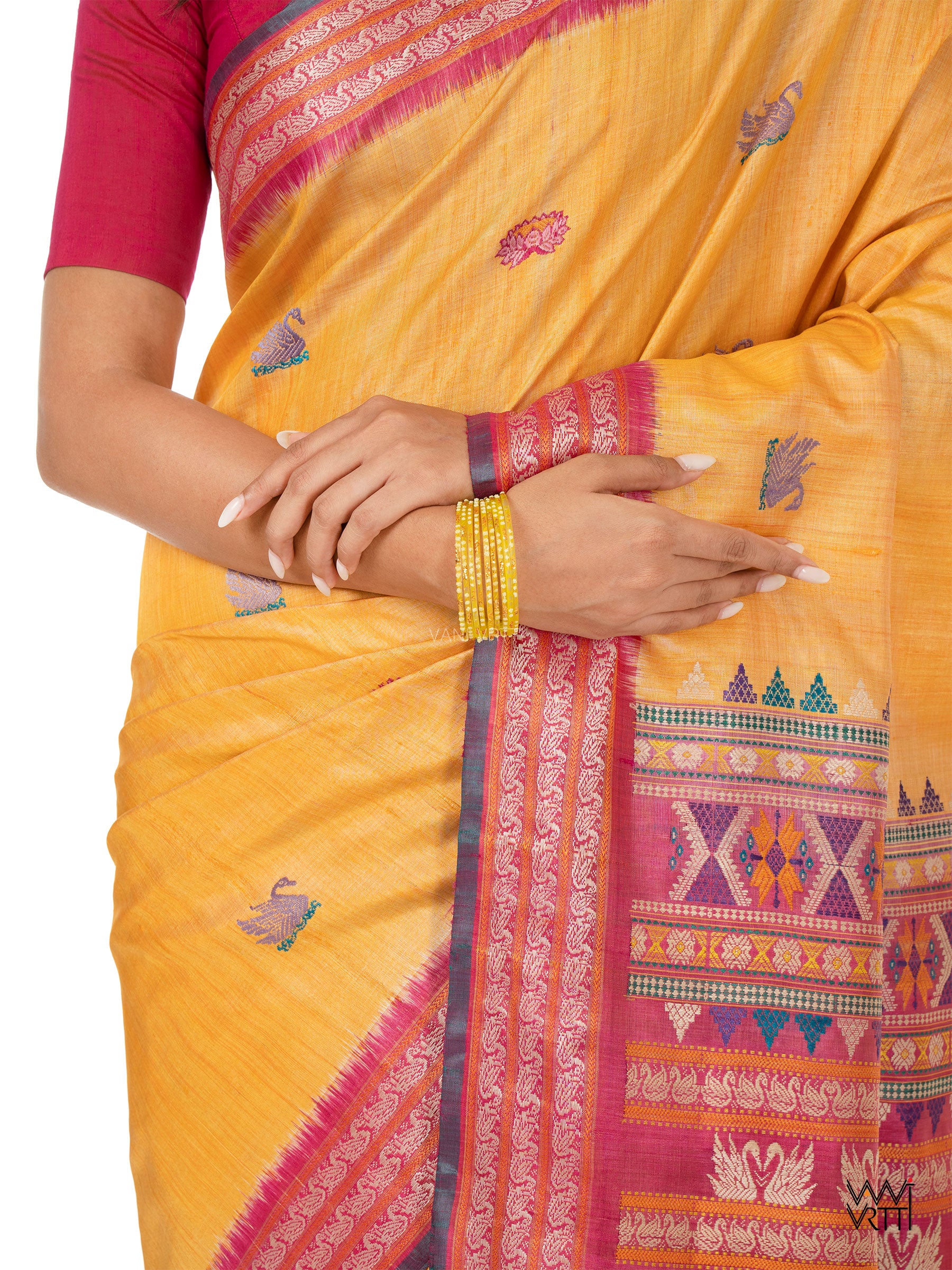 Chikoo Yellow Pani Lata Master Weave Exclusive Handspun Tussar Silk Saree