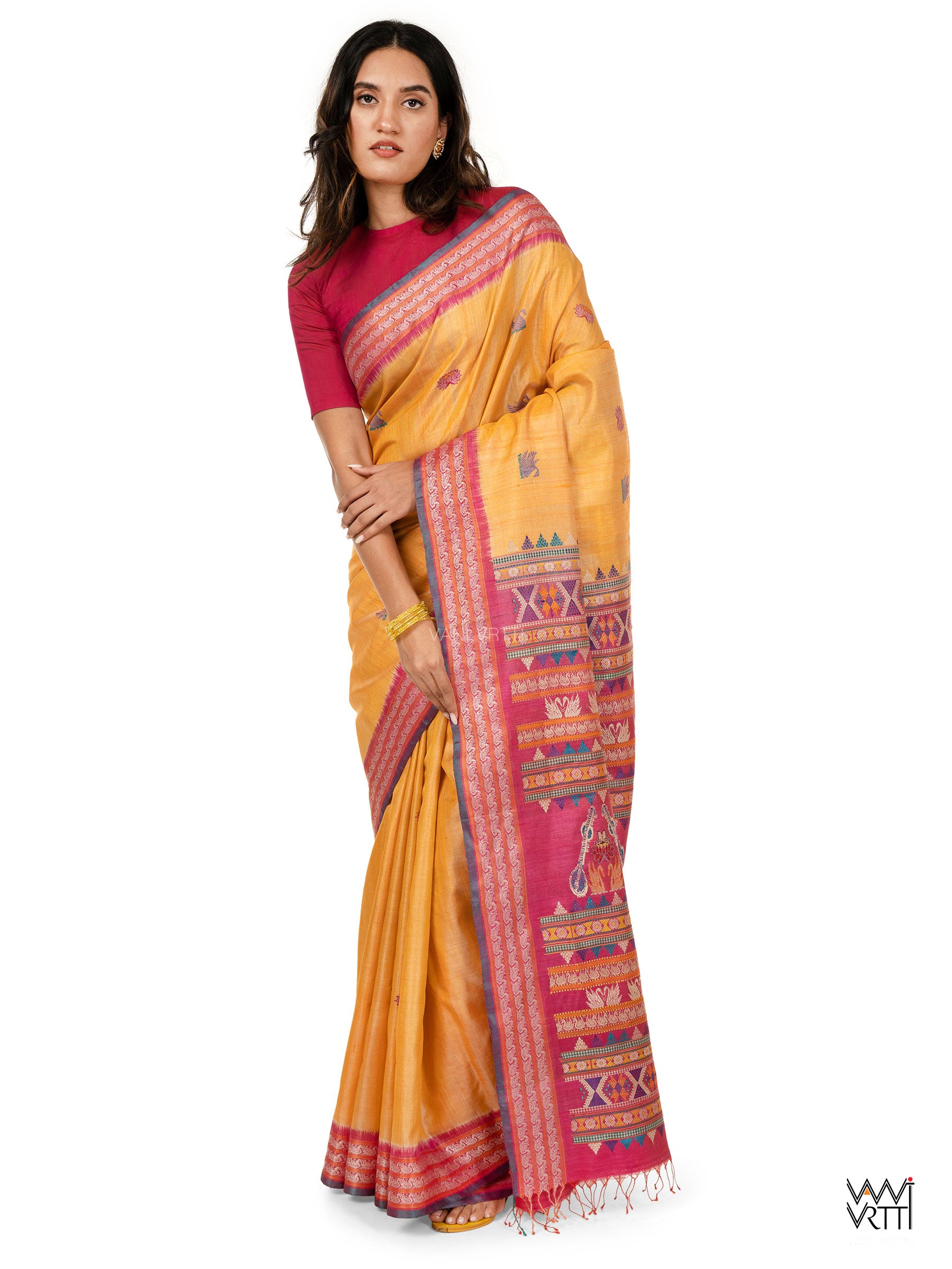 Chikoo Yellow Pani Lata Master Weave Exclusive Handspun Tussar Silk Saree