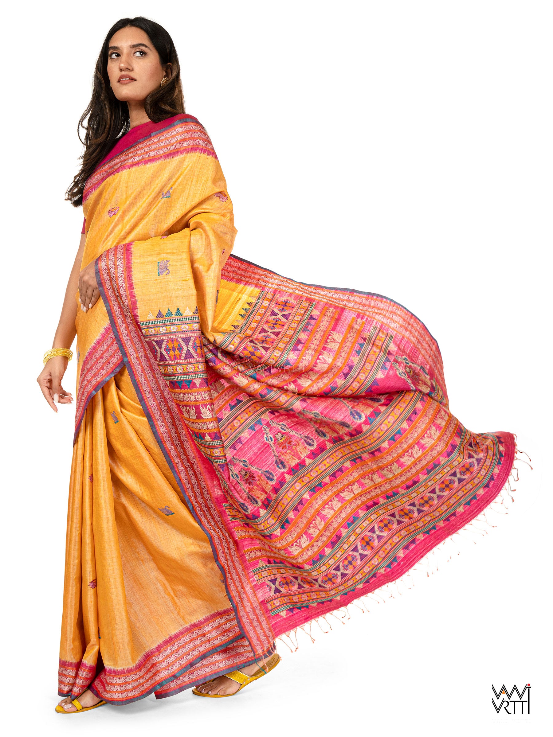 Chikoo Yellow Pani Lata Master Weave Exclusive Handspun Tussar Silk Saree