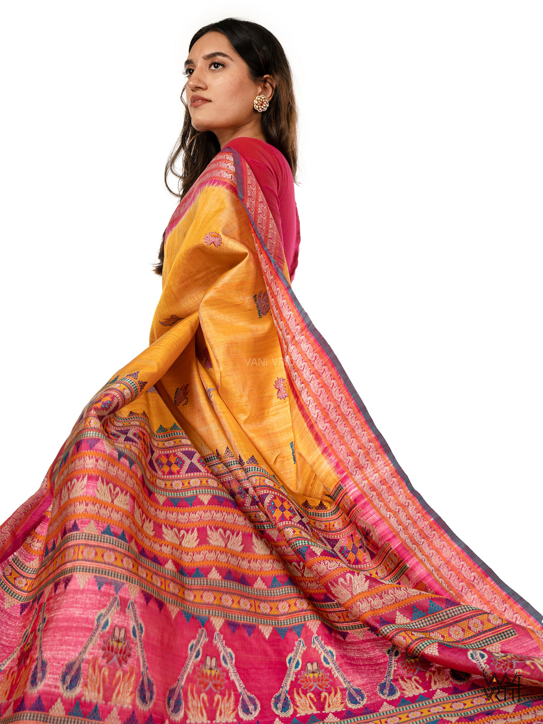 Chikoo Yellow Pani Lata Master Weave Exclusive Handspun Tussar Silk Saree