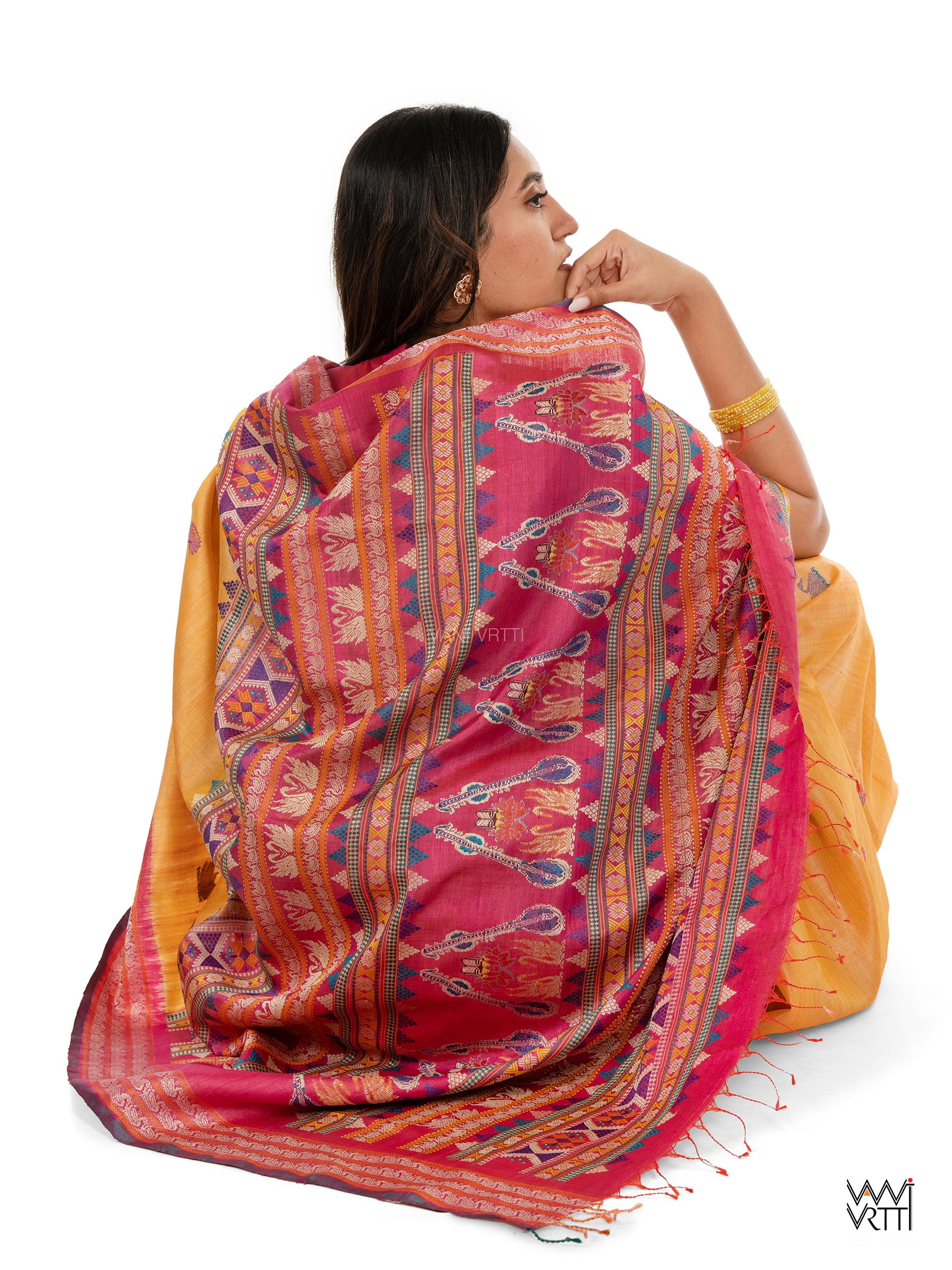 Chikoo Yellow Pani Lata Master Weave Exclusive Handspun Tussar Silk Saree