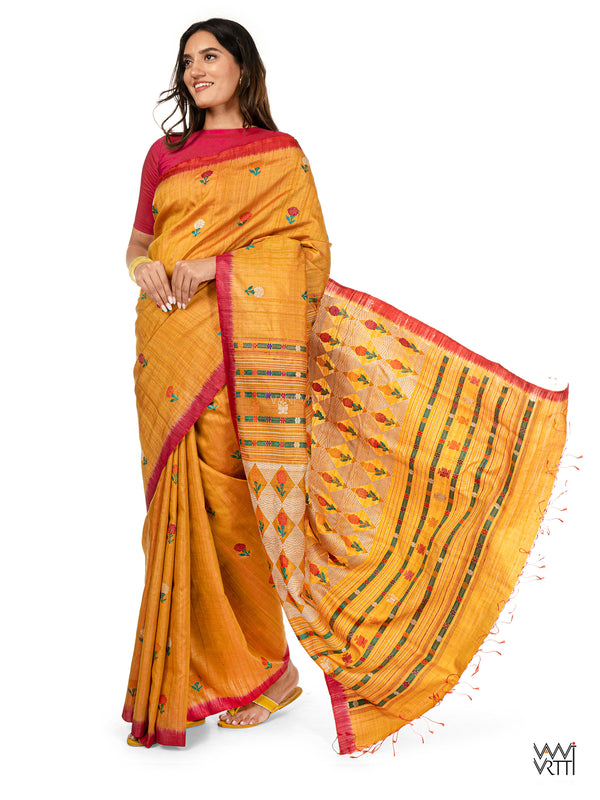 Mustard Yellow Pink Red Ganga Jamuna Marigold Wild Garden Master Weave Exclusive Handspun Tussar Silk Saree