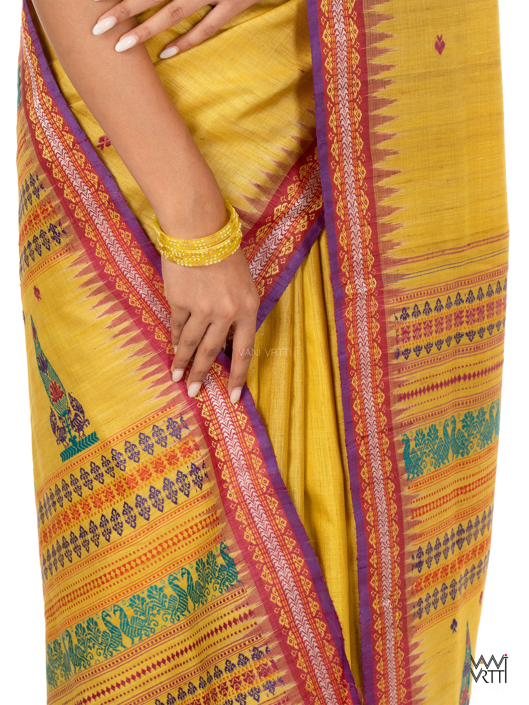 Yellow Tree of Life Handspun Tussar Silk Saree