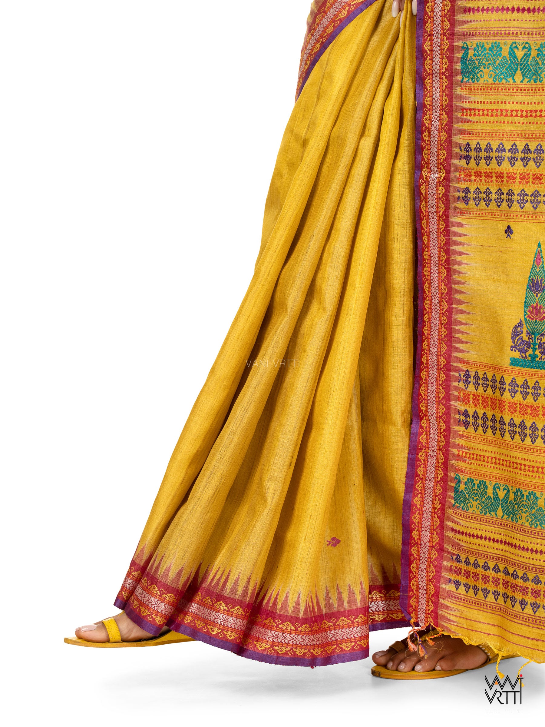 Yellow Tree of Life Handspun Tussar Silk Saree