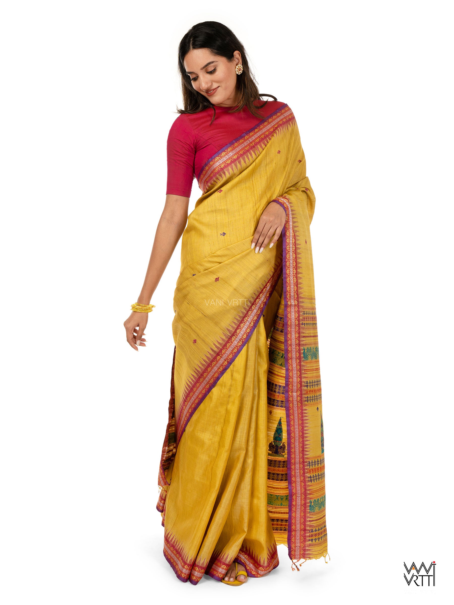 Yellow Tree of Life Handspun Tussar Silk Saree