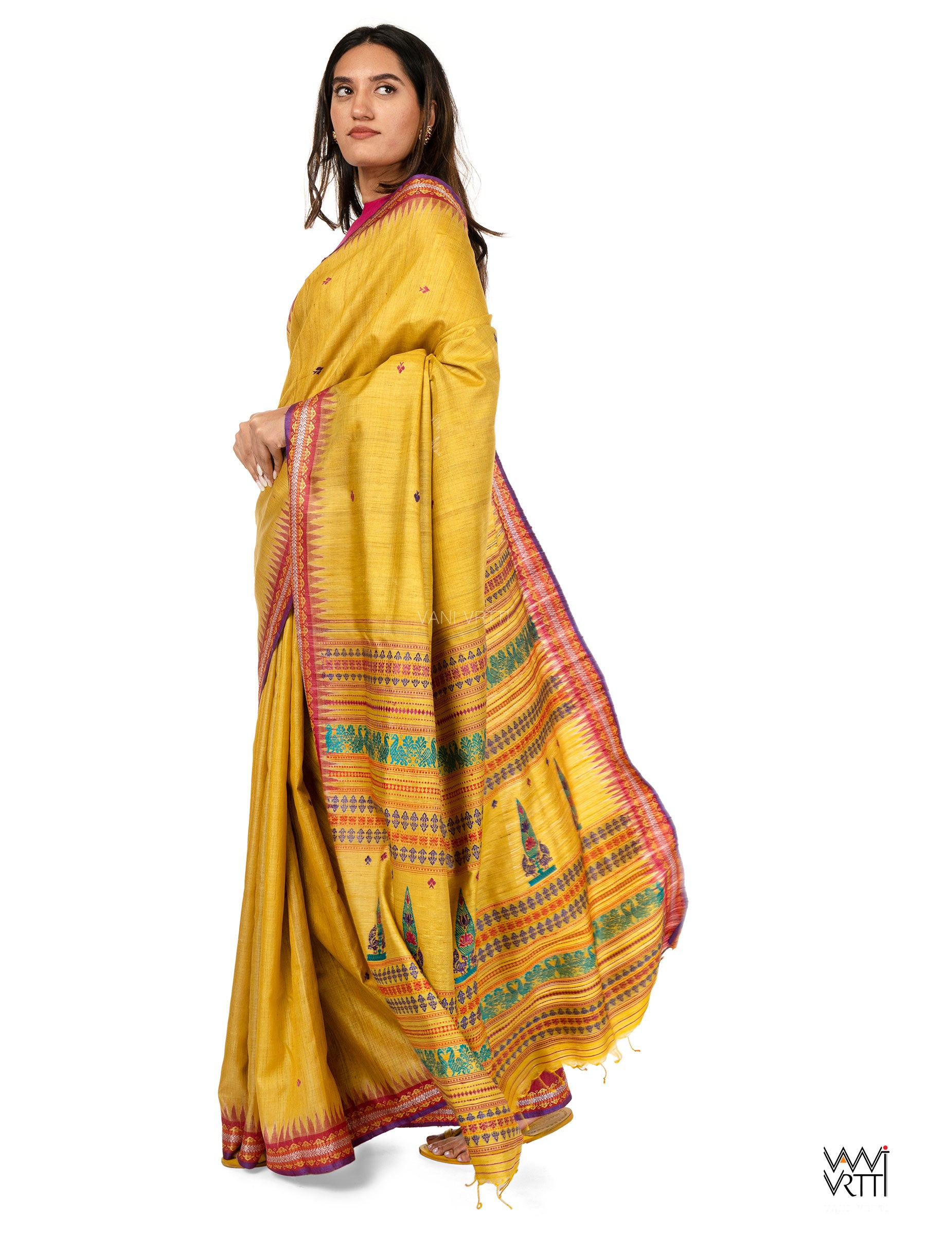 Yellow Tree of Life Handspun Tussar Silk Saree