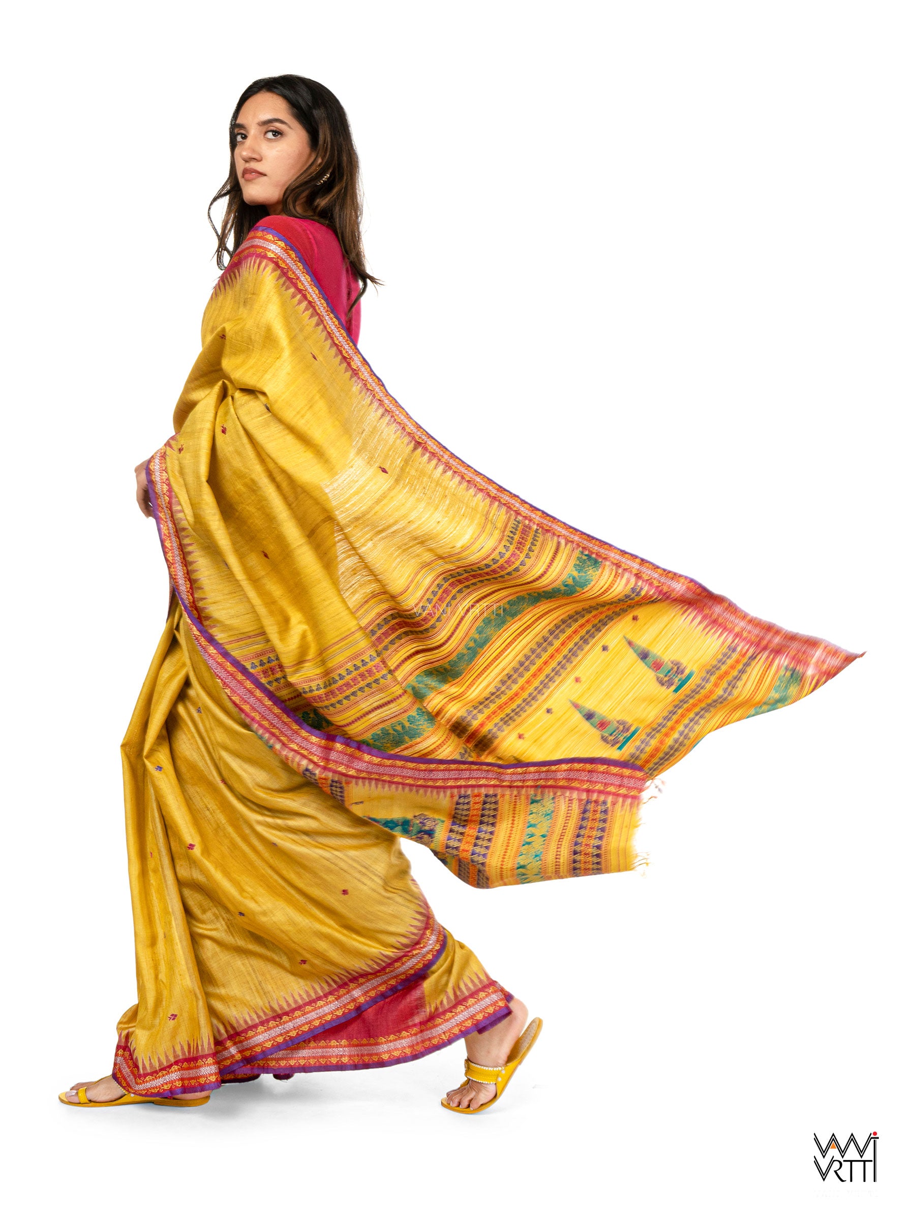 Yellow Tree of Life Handspun Tussar Silk Saree