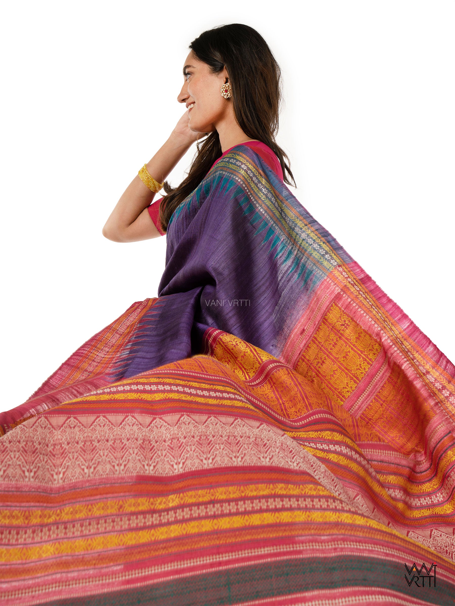 Deep Baingani Magenta Firozi Ananta Handspun Tussar Silk Sari