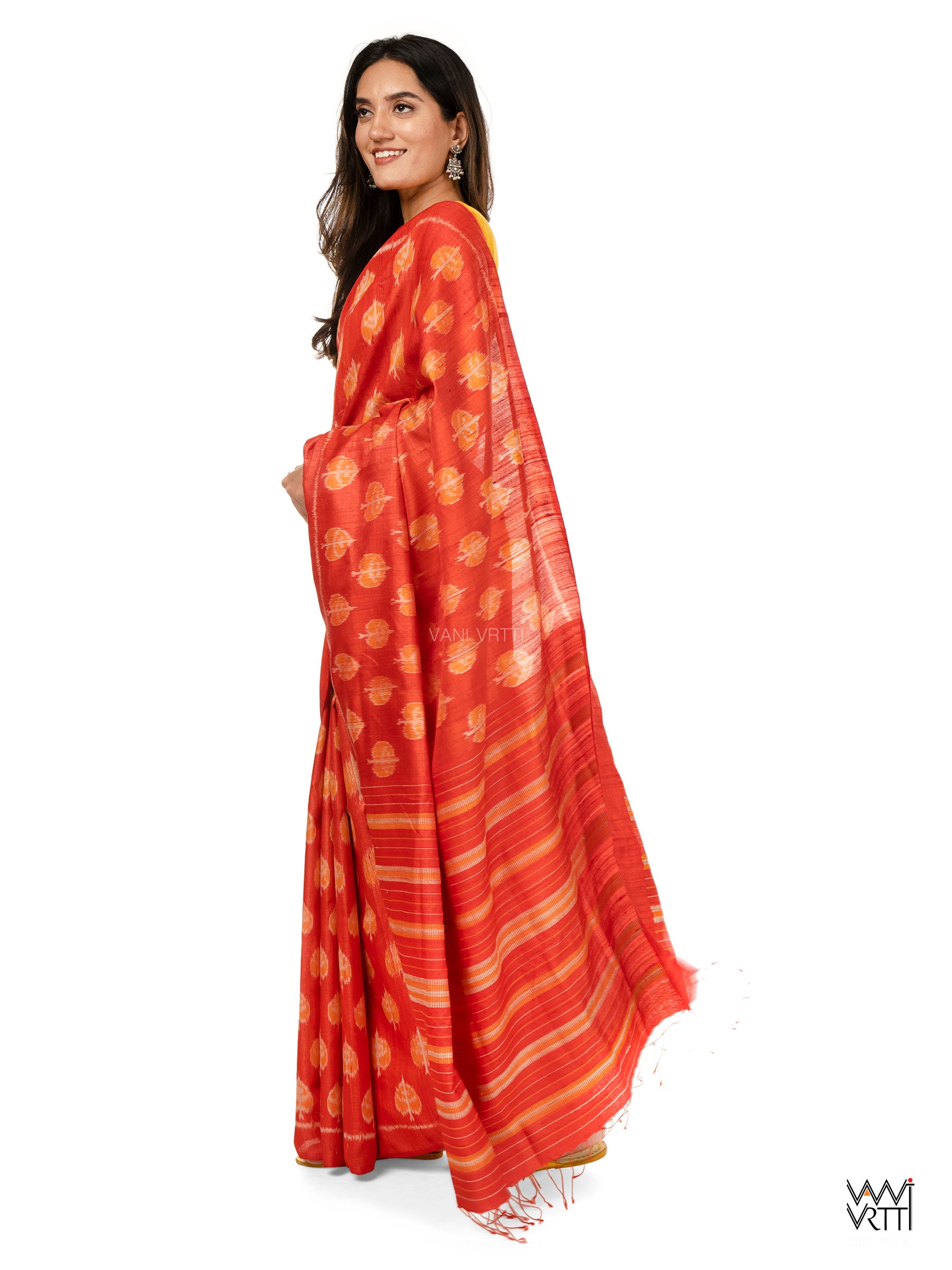 Red Peepal Ikat Handspun Tussar Silk Saree