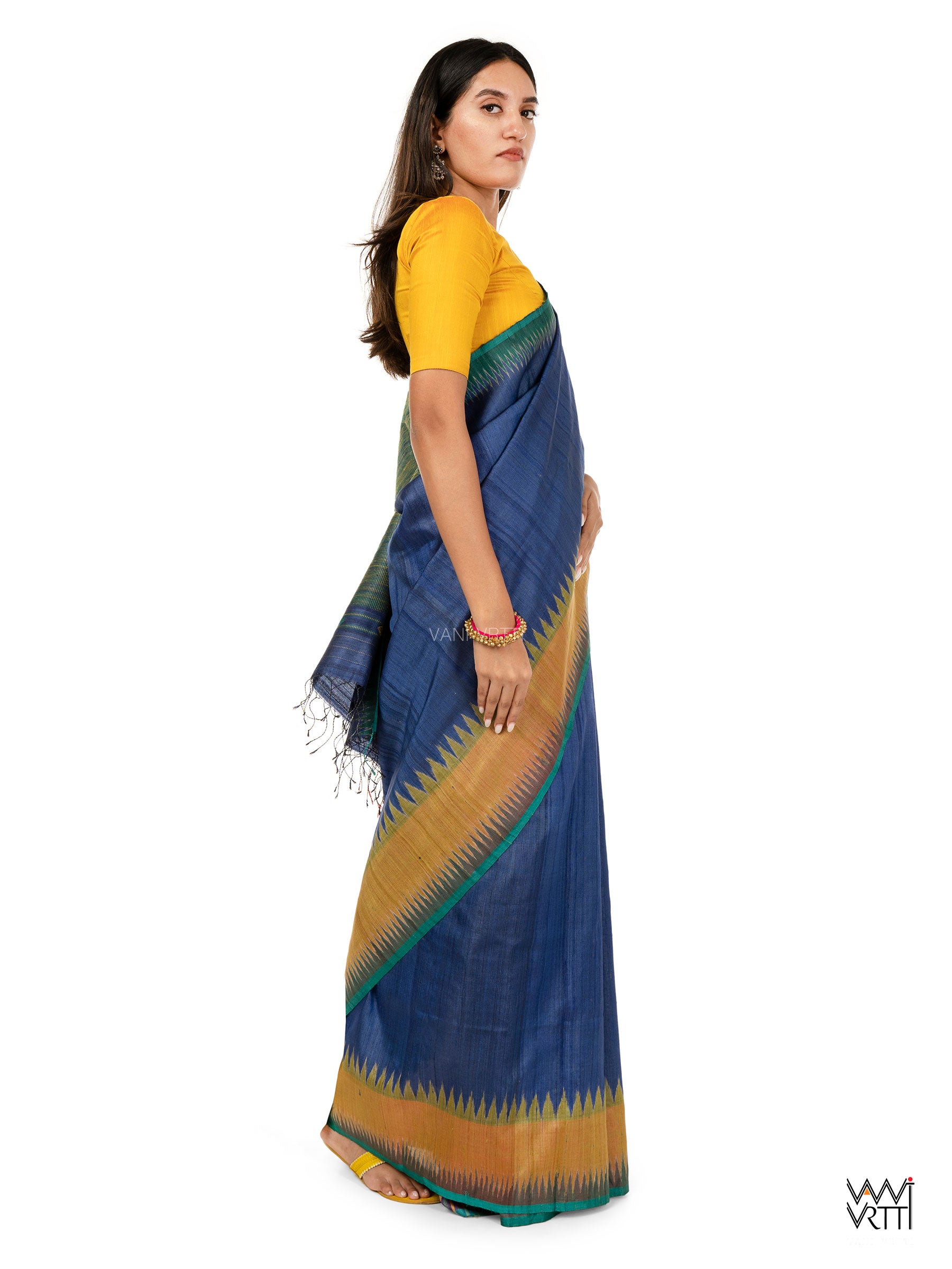 Midnight Blue Sangam Bristi Handspun Tussar Silk Saree