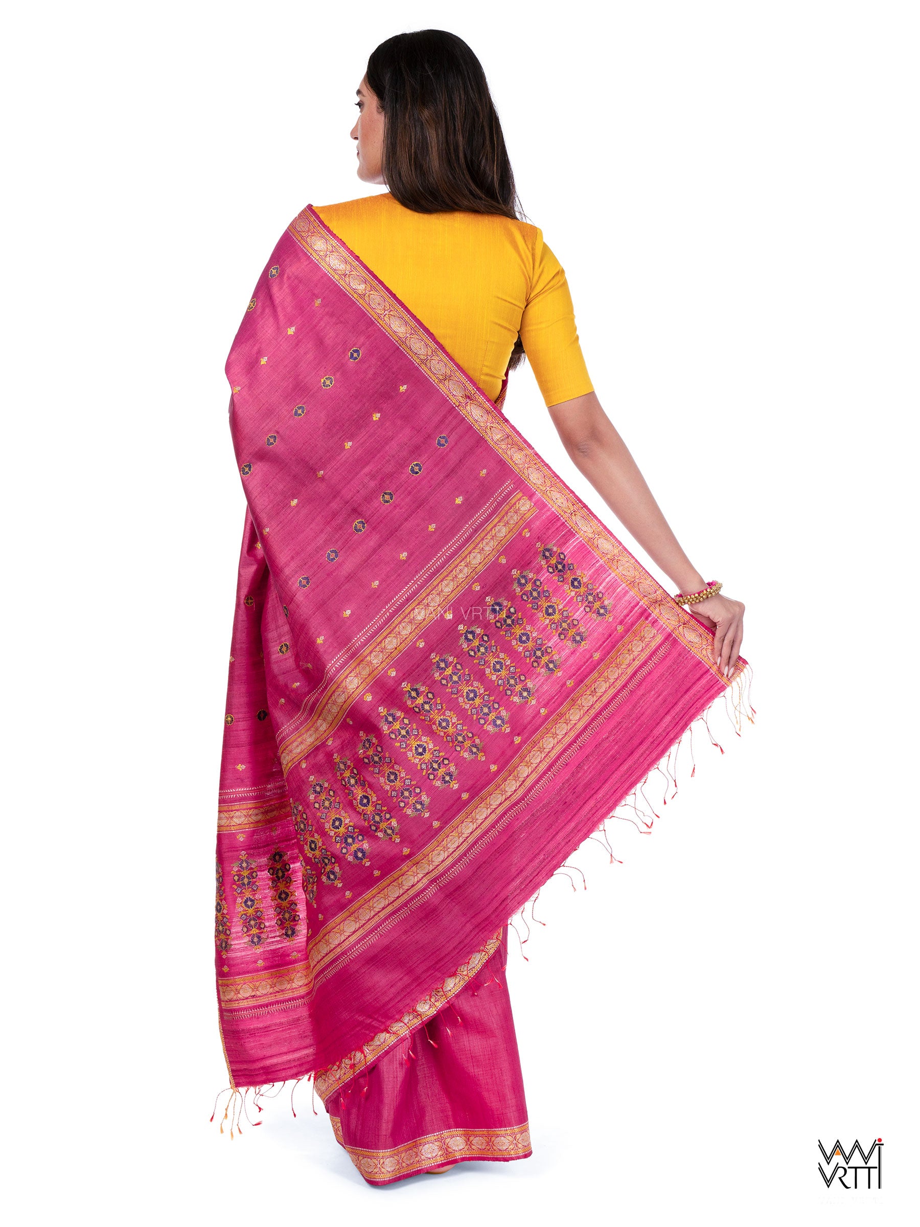 Pink Brahma Kamal Master Weave Exclusive Handspun Tussar Silk Saree