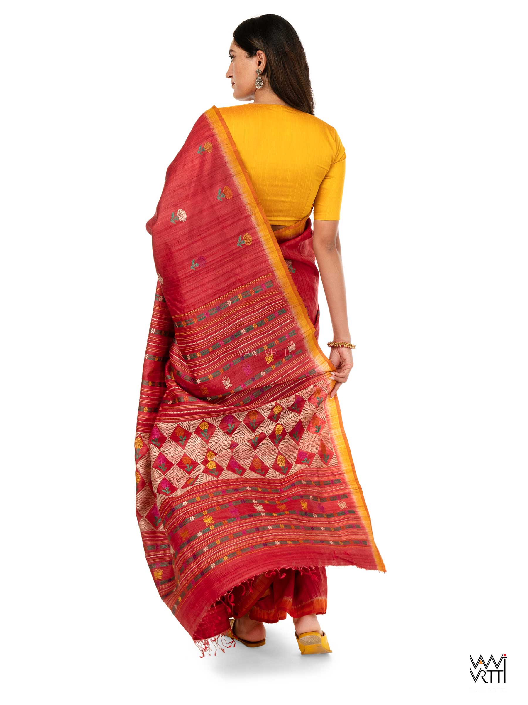 Red Ganga Jamuna Marigold Wild Garden Master Weave Exclusive Handspun Tussar Silk Saree