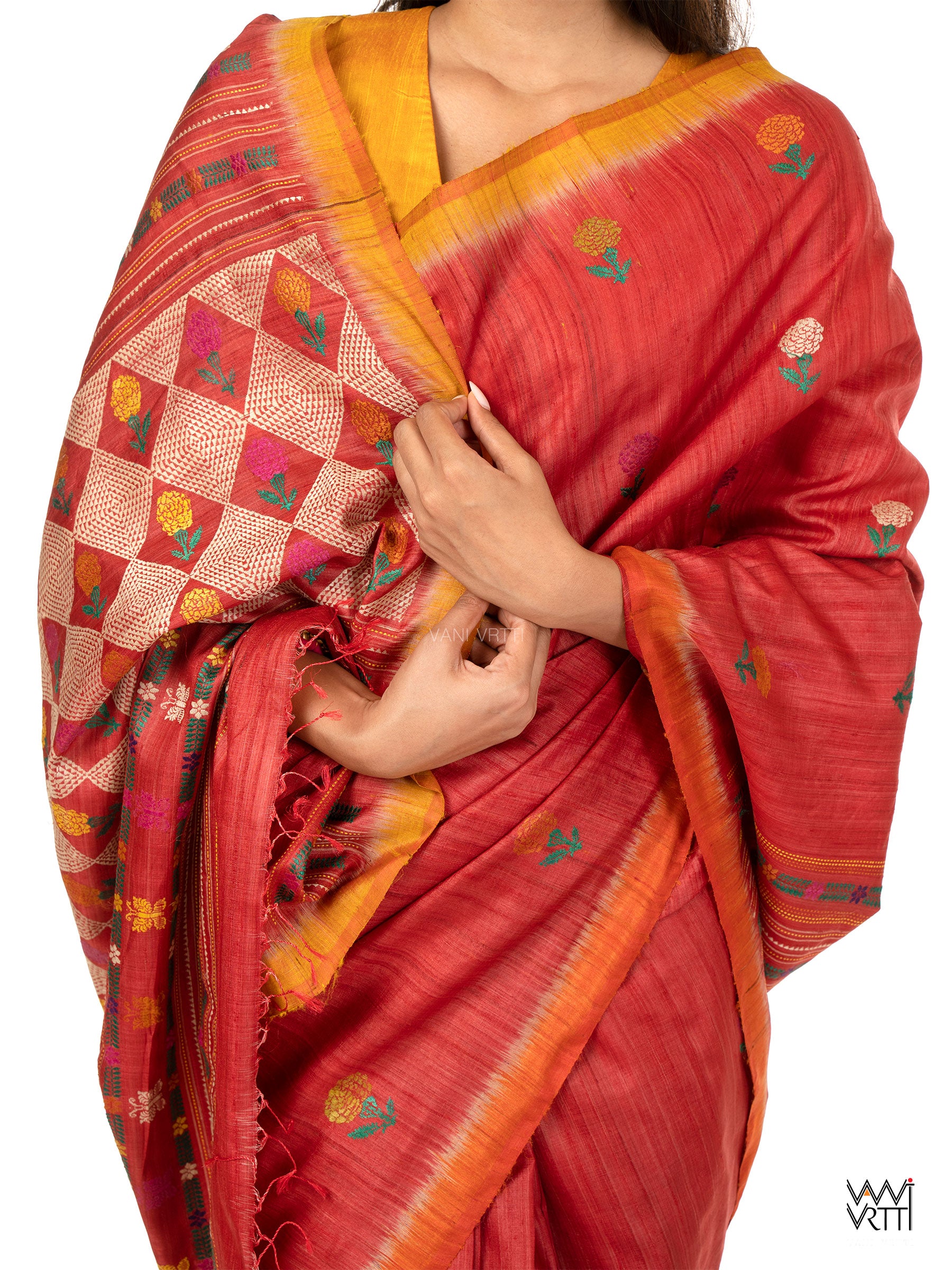 Red Ganga Jamuna Marigold Wild Garden Master Weave Exclusive Handspun Tussar Silk Saree