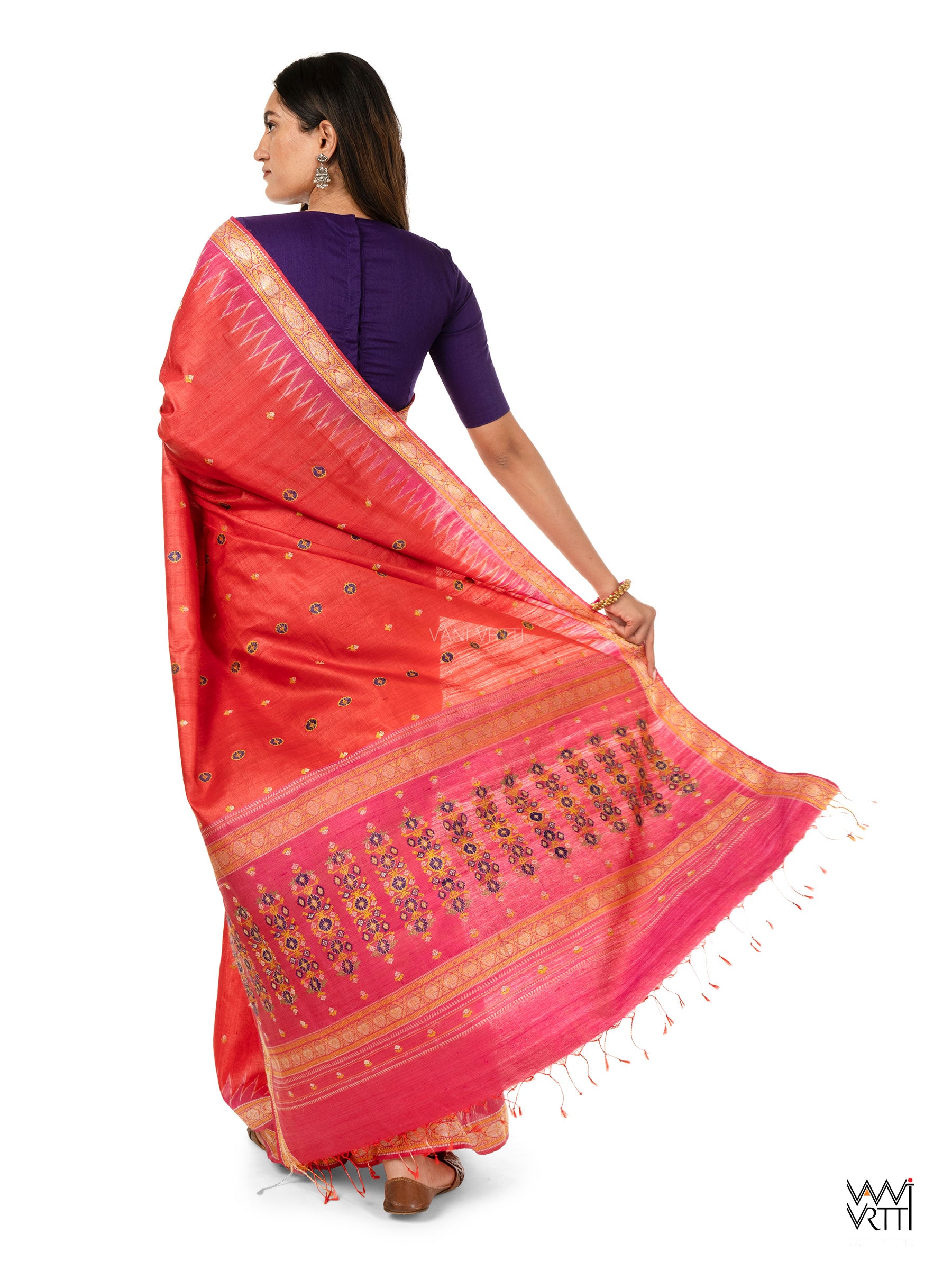 Tomato Red Pink Brahma Kamal Master Weave Exclusive Handspun Tussar Silk Saree