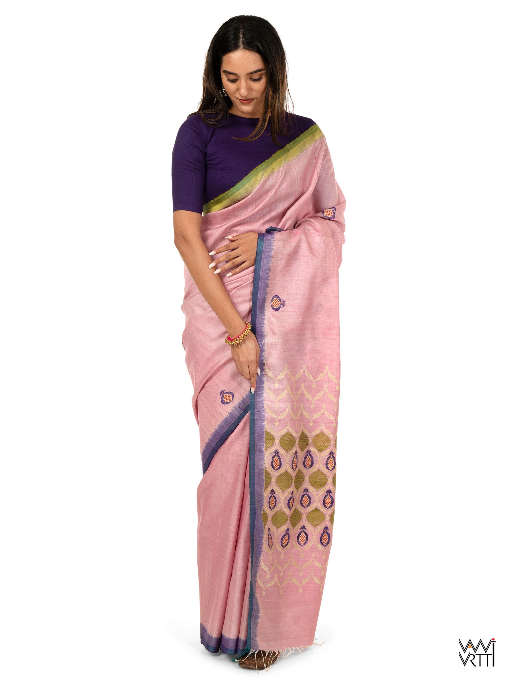Baby Pink Pomegranate Jaal Handspun Tussar Silk Saree