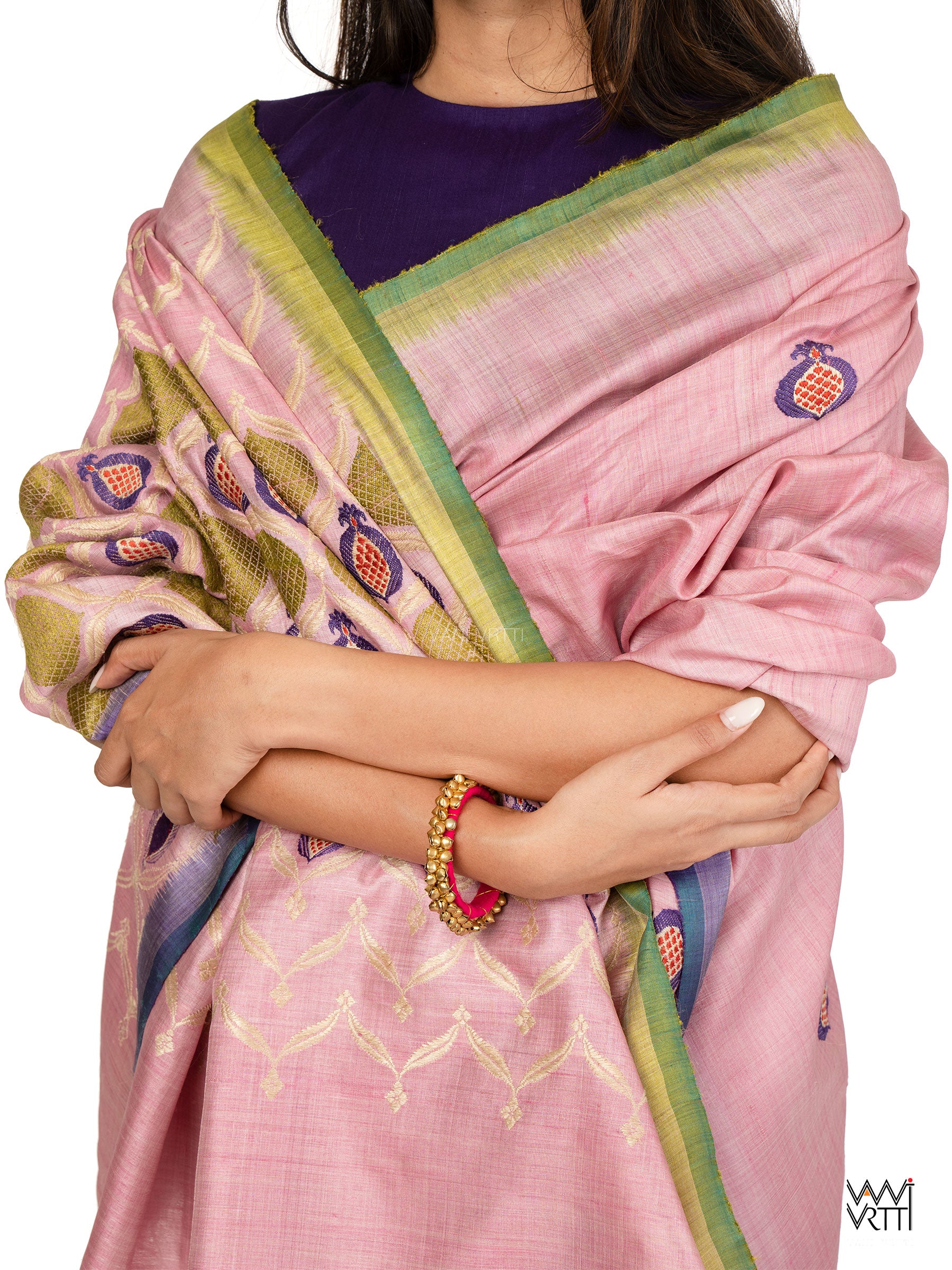 Baby Pink Pomegranate Jaal Exclusive Handspun Tussar Silk Saree