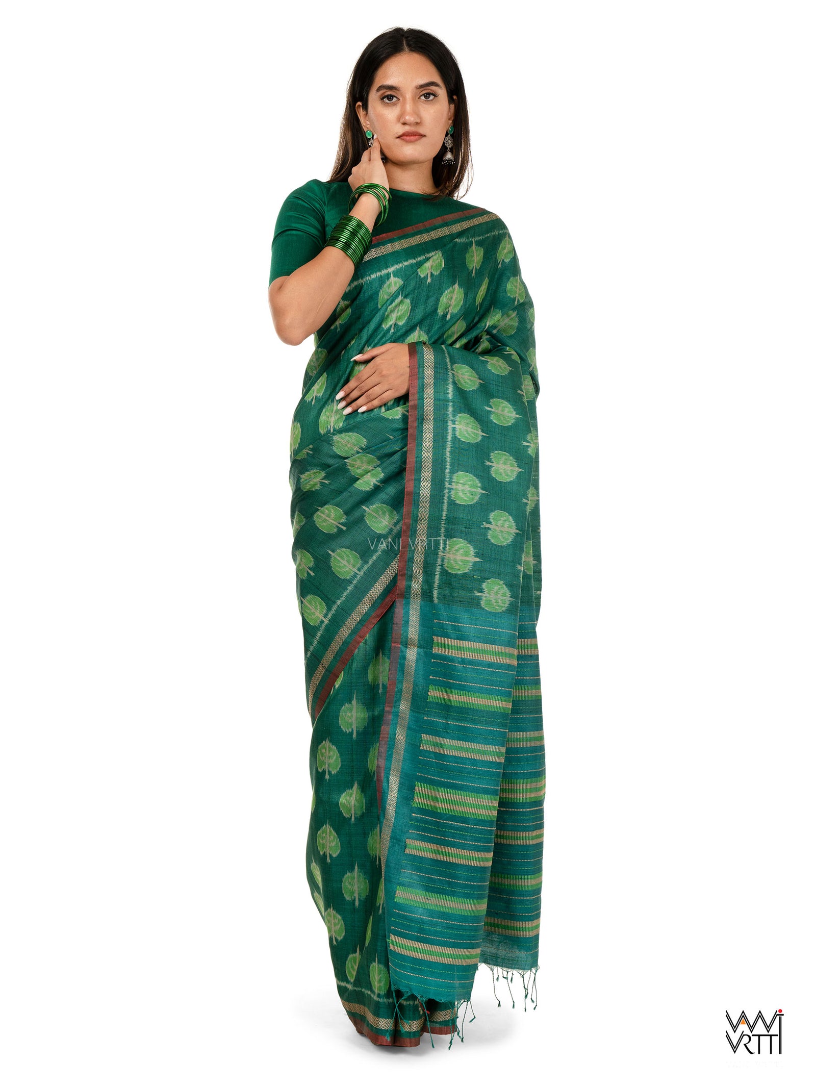 Emerald Green Peepal Ikat Handspun Tussar Silk Sari