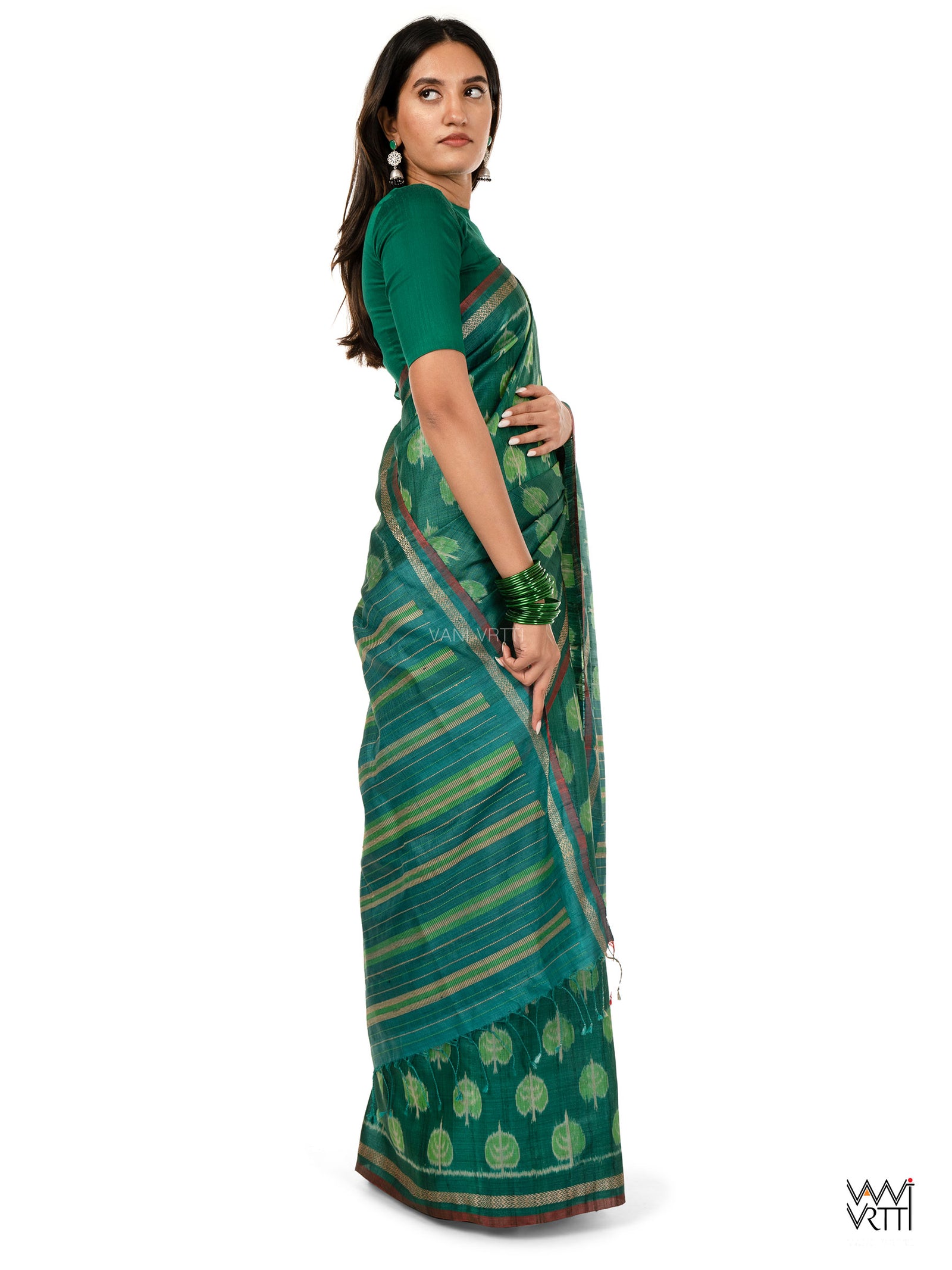 Emerald Green Peepal Ikat Handspun Tussar Silk Sari