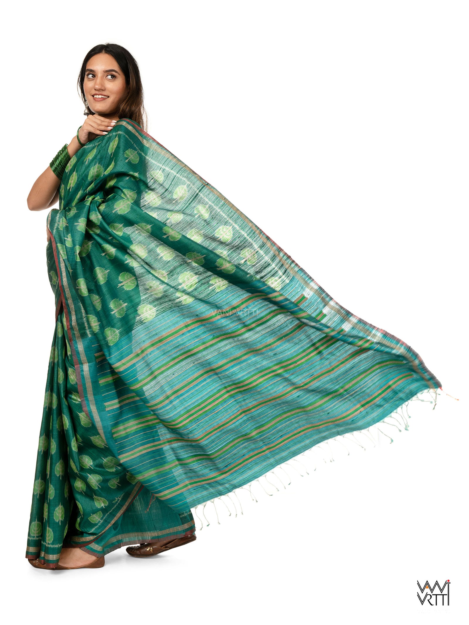 Emerald Green Peepal Ikat Handspun Tussar Silk Sari