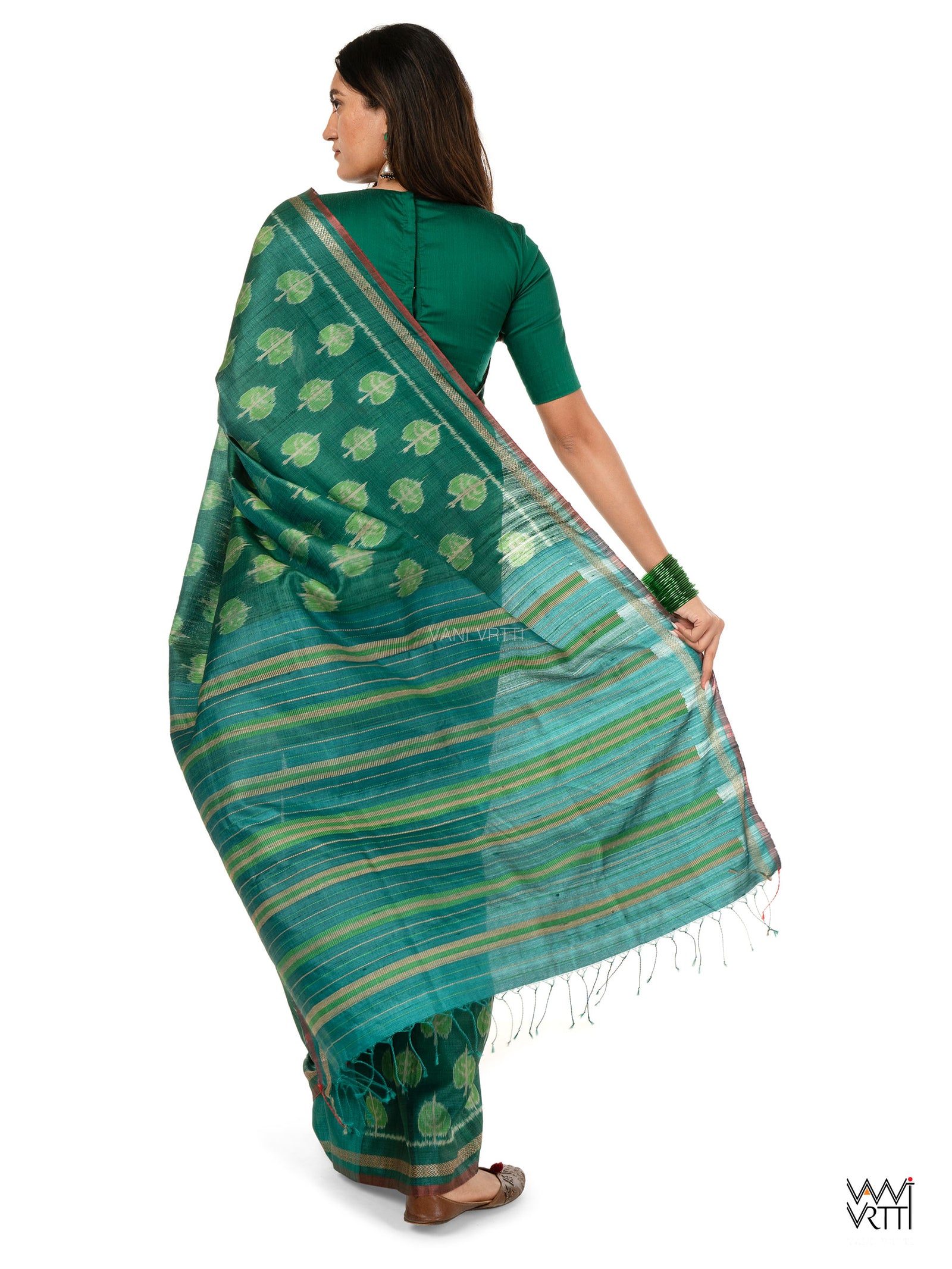 Emerald Green Peepal Ikat Handspun Tussar Silk Sari