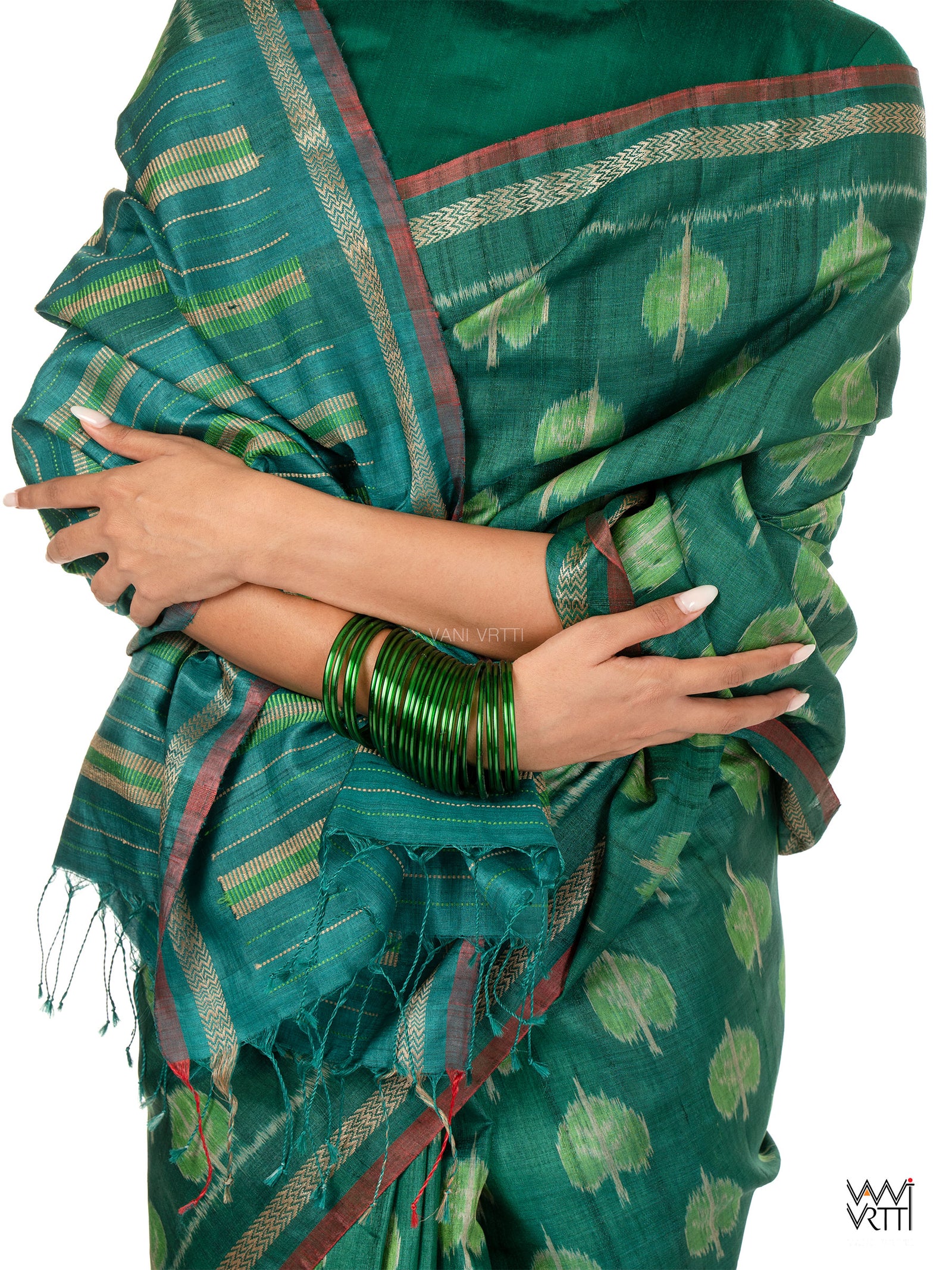 Emerald Green Peepal Ikat Handspun Tussar Silk Sari