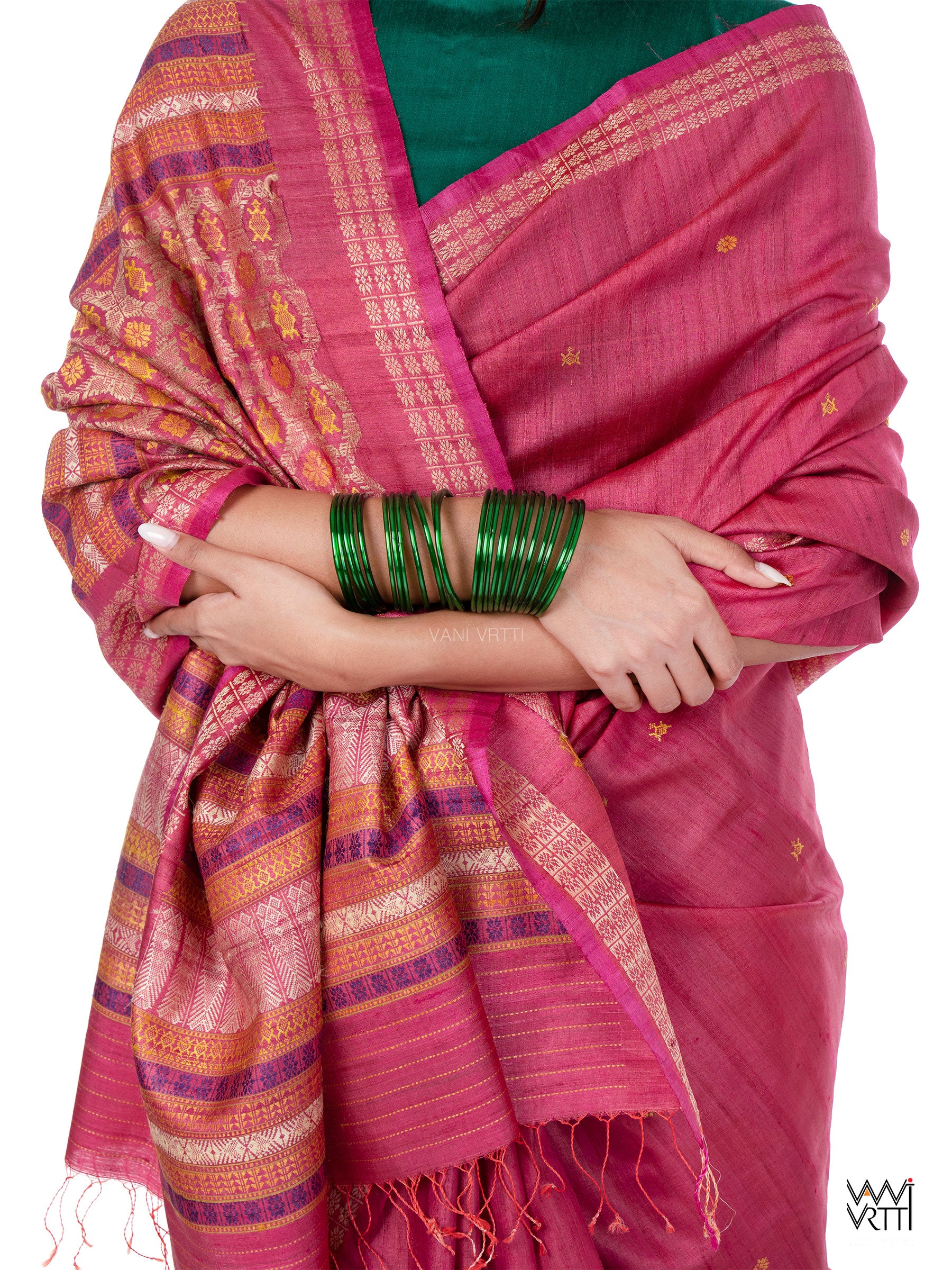 Pomegranate Pink Matsya Kachhap Handspun Tussar Silk Saree