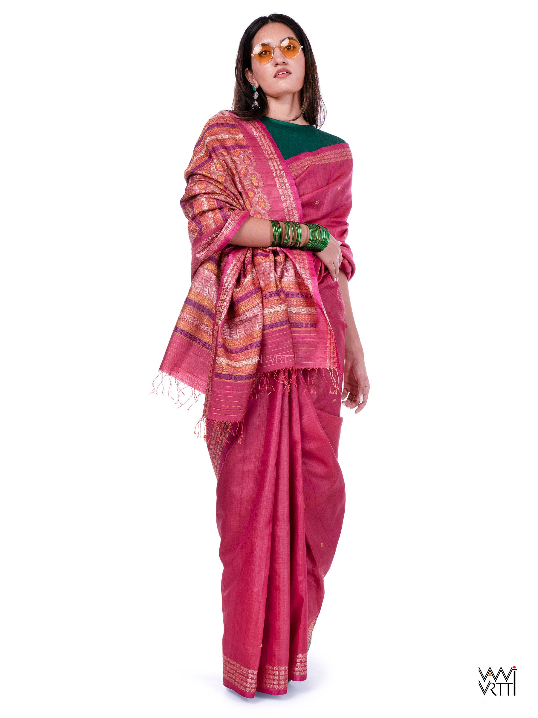 Pomegranate Pink Matsya Kachhap Handspun Tussar Silk Saree