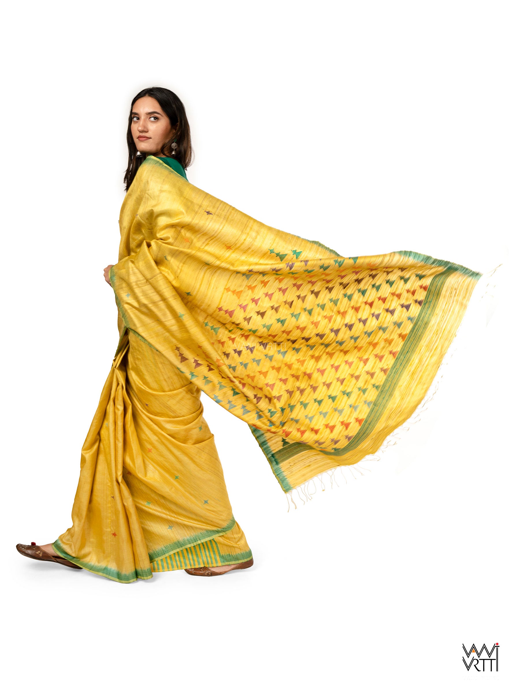 Banana Yellow Deomali Kondha Handspun Tussar Silk Sari