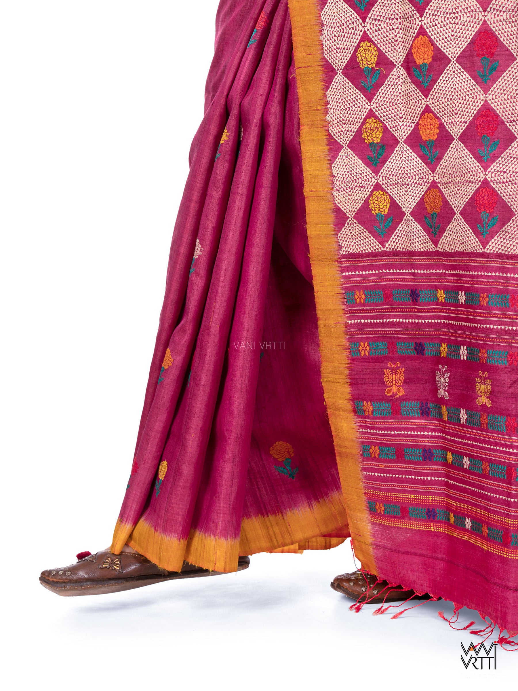 Pink Ganga Jamuna Marigold Wild Garden Master Weave Exclusive Handspun Tussar Silk Saree