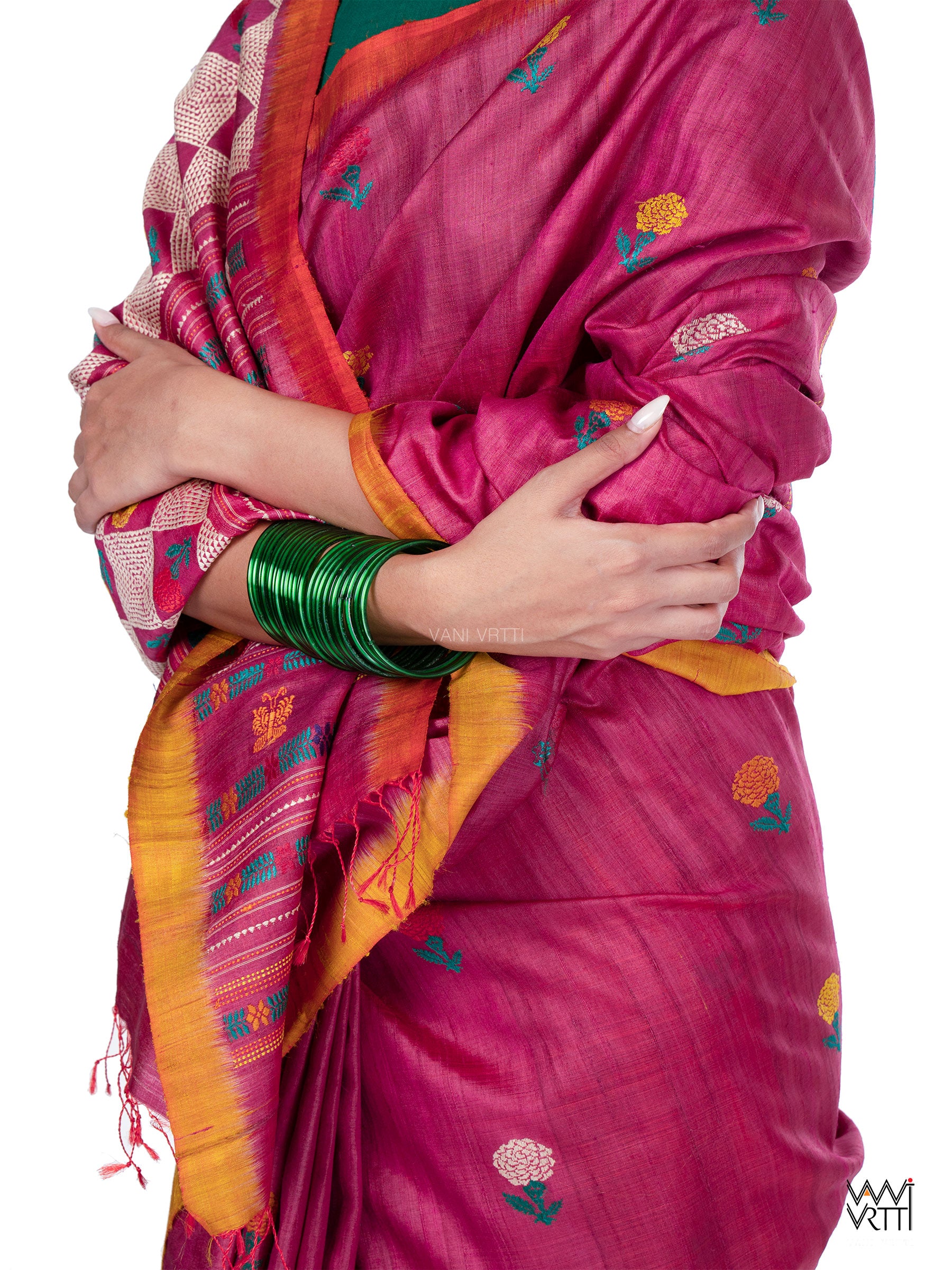Pink Ganga Jamuna Marigold Wild Garden Master Weave Exclusive Handspun Tussar Silk Saree