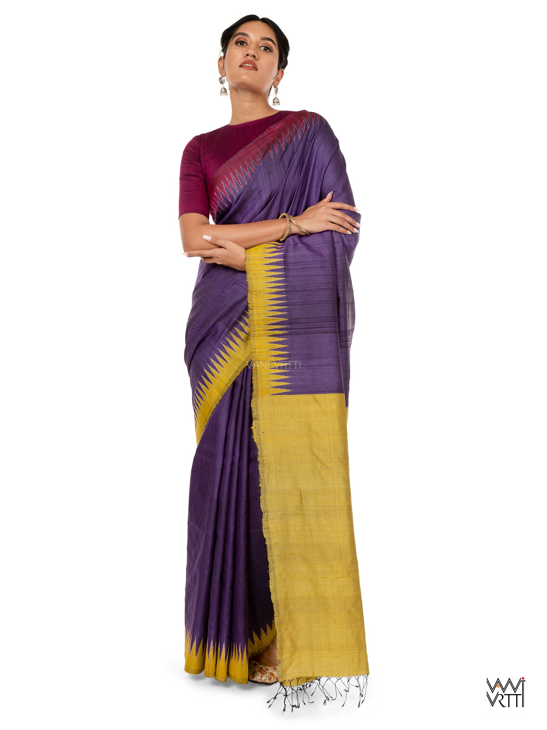 Purple Lime Yellow Ganga Jamuna Antara Handspun Tussar Silk Saree