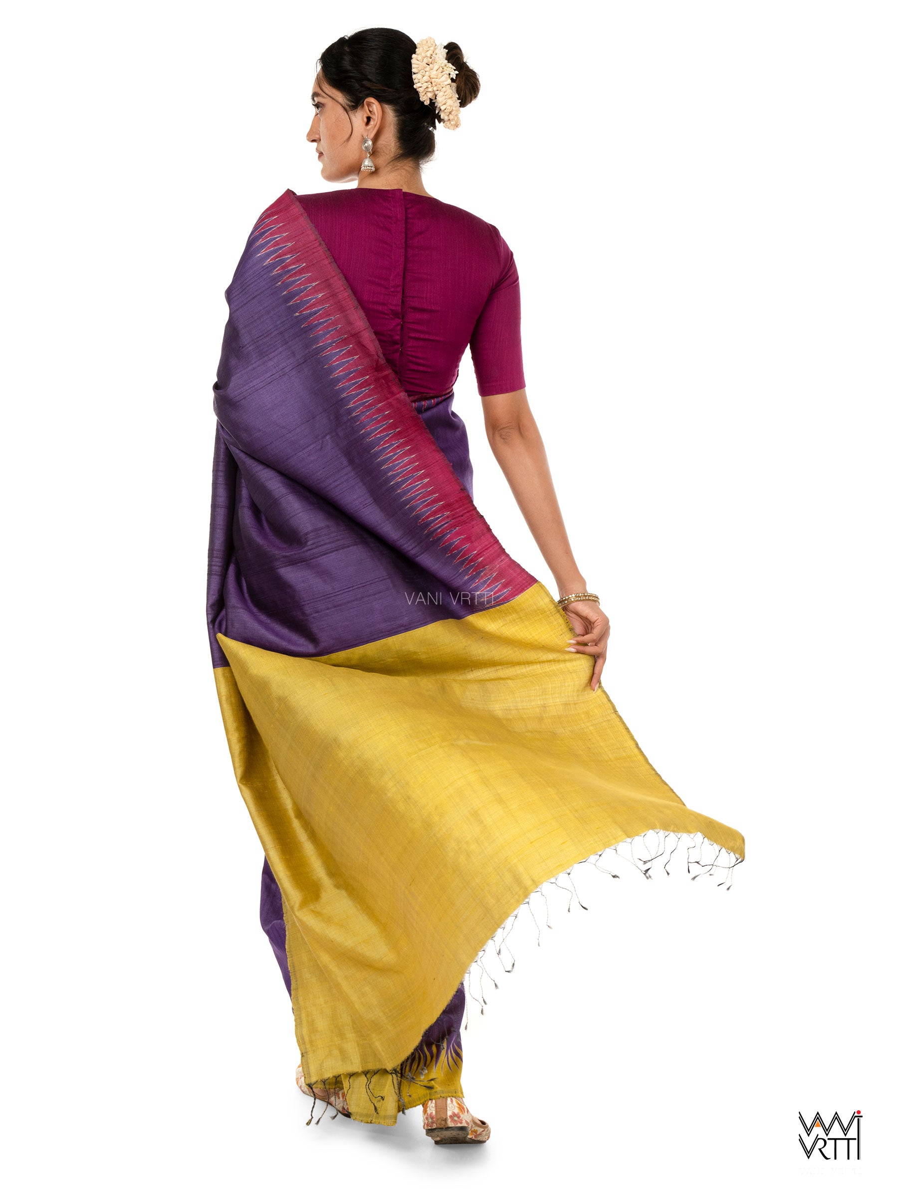 Purple Lime Yellow Ganga Jamuna Antara Handspun Tussar Silk Saree