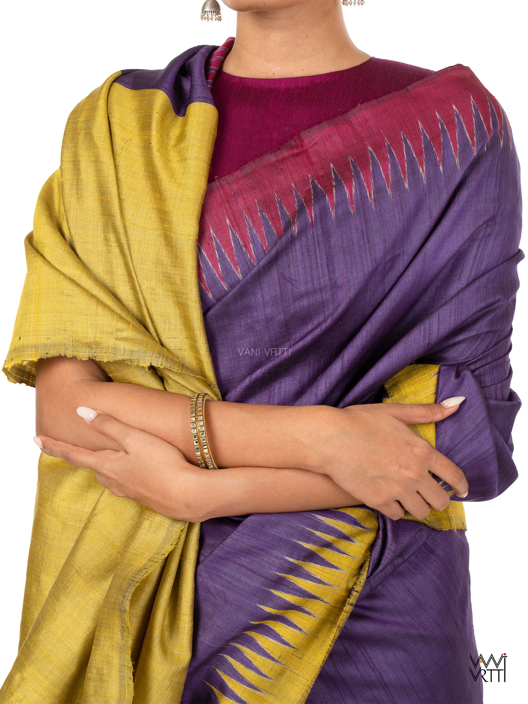 Purple Lime Yellow Ganga Jamuna Antara Handspun Tussar Silk Saree