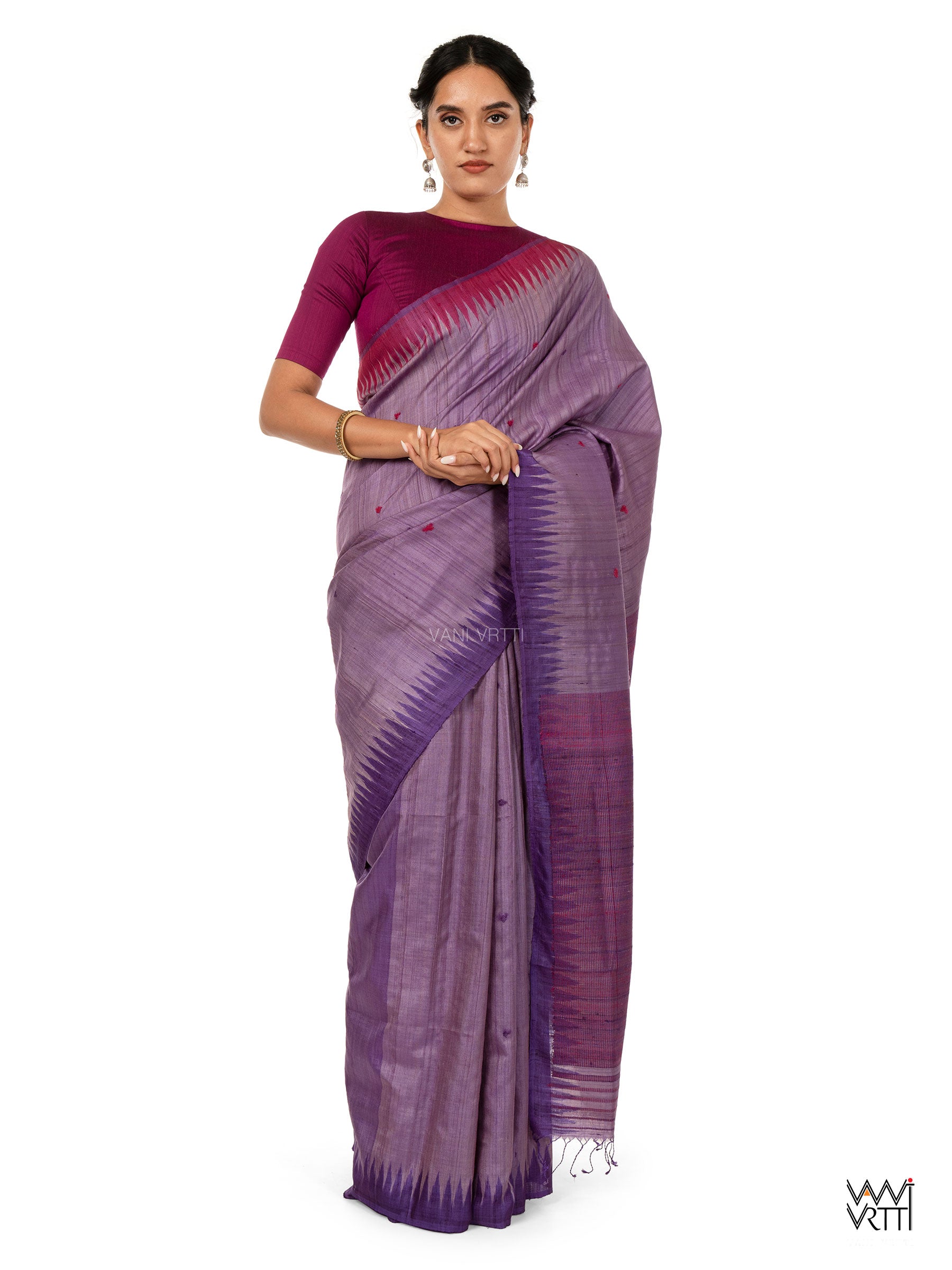 Deep Lilac Magenta Bristi Handspun Tussar Silk Saree