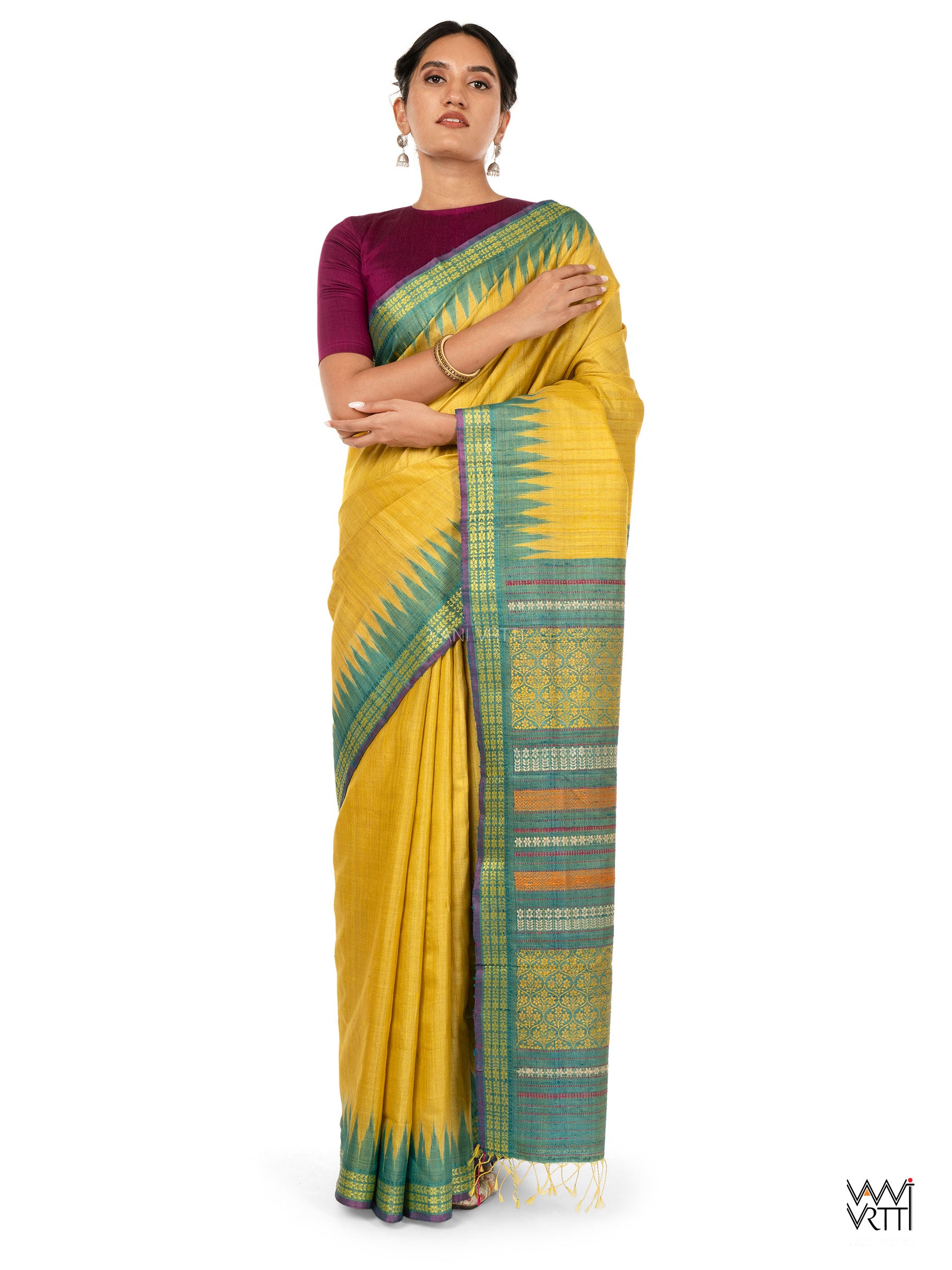 Banana Yellow Firozi Parijat Handspun Tussar Silk Saree