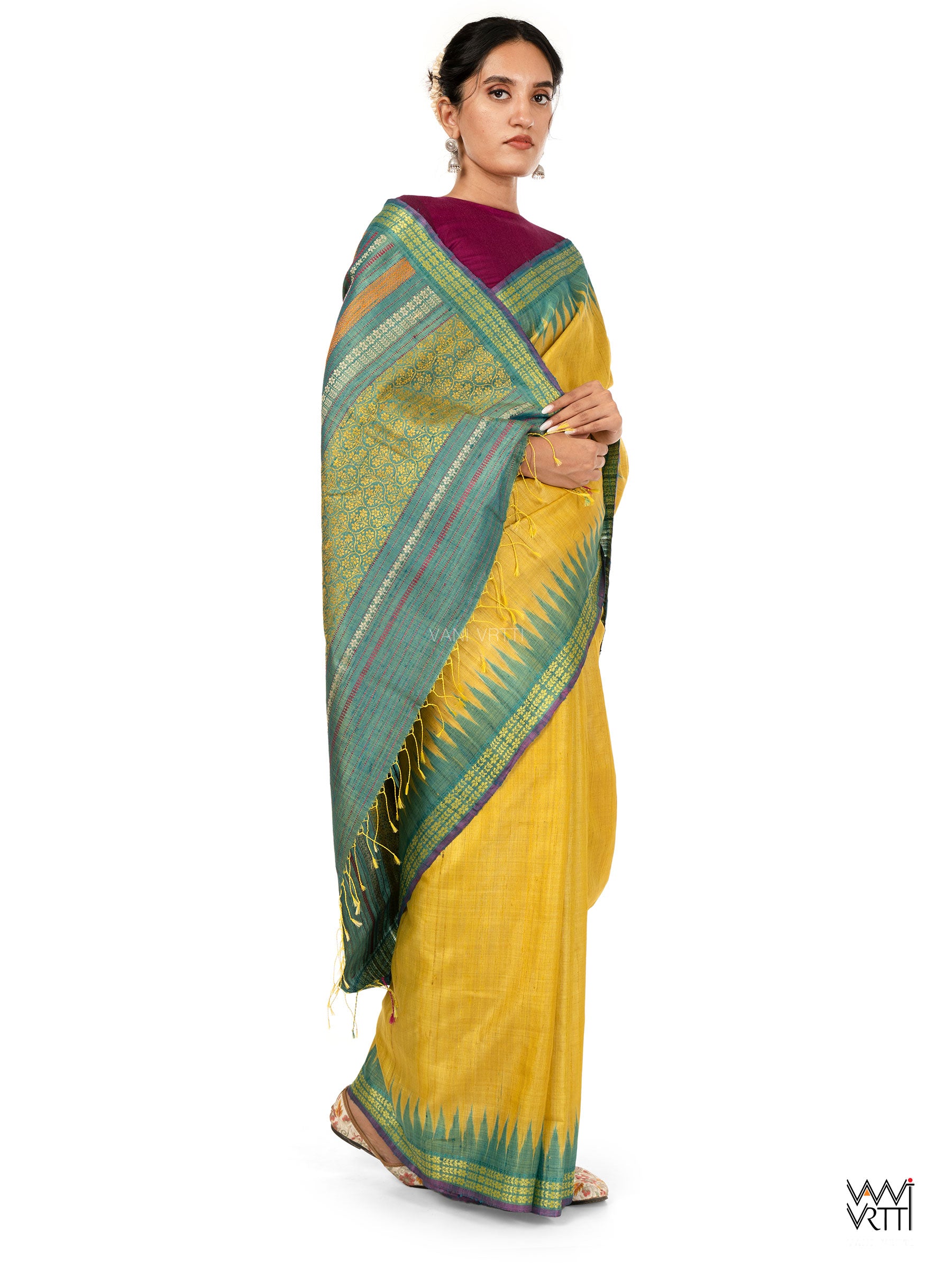 Banana Yellow Firozi Parijat Handspun Tussar Silk Saree