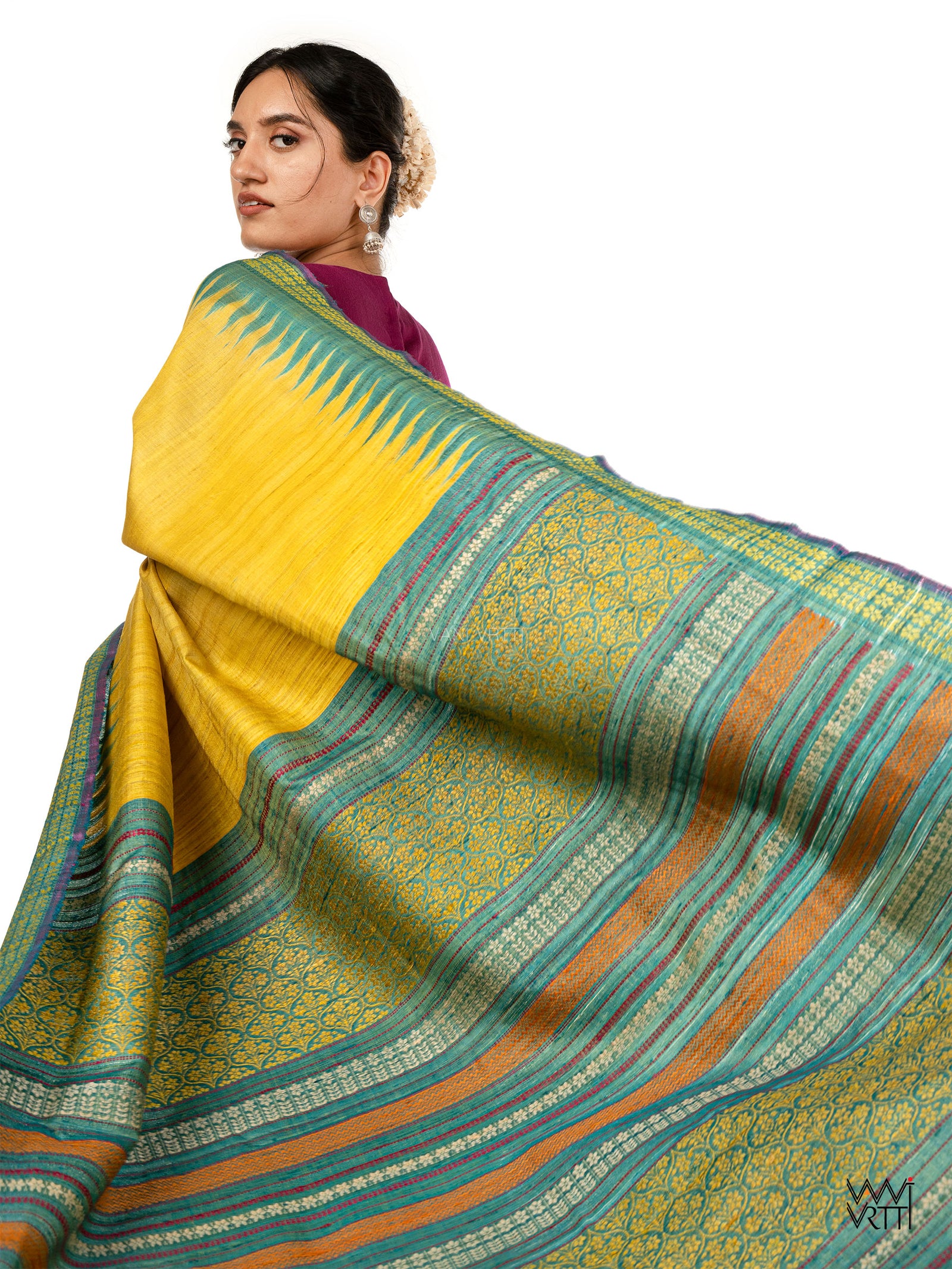 Banana Yellow Firozi Parijat Handspun Tussar Silk Saree