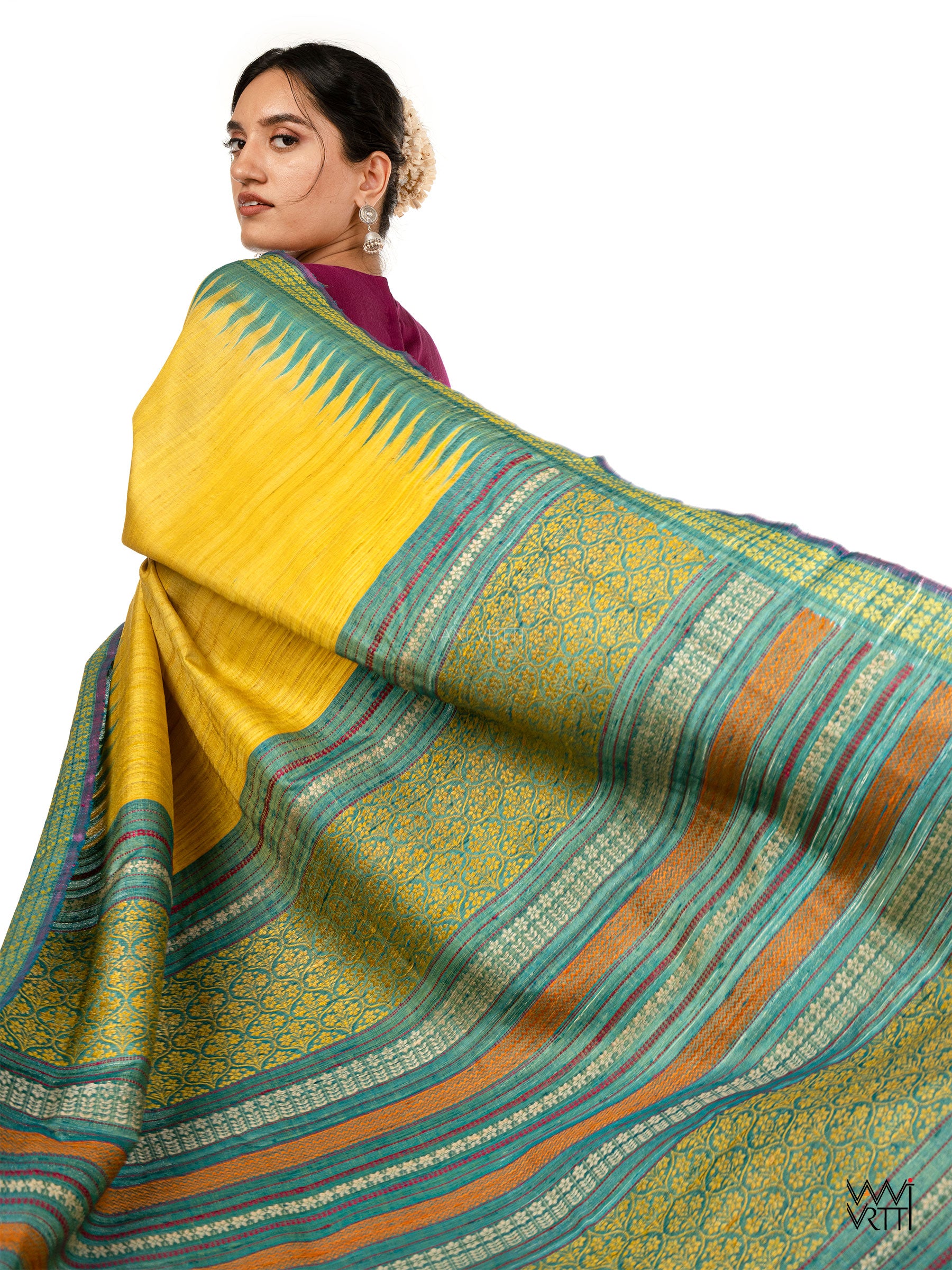 Banana Yellow Firozi Parijat Handspun Tussar Silk Saree