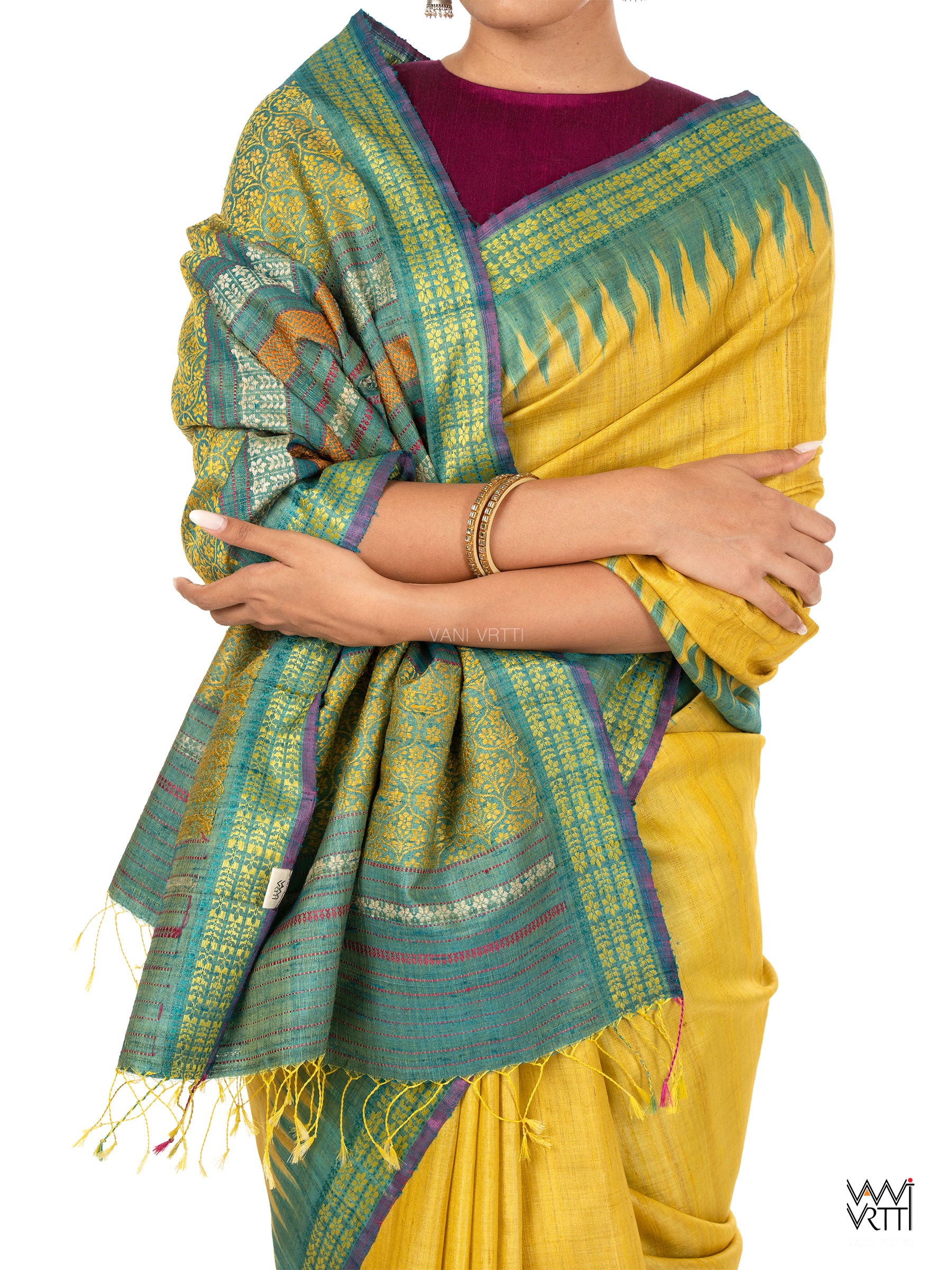 Banana Yellow Firozi Parijat Handspun Tussar Silk Saree