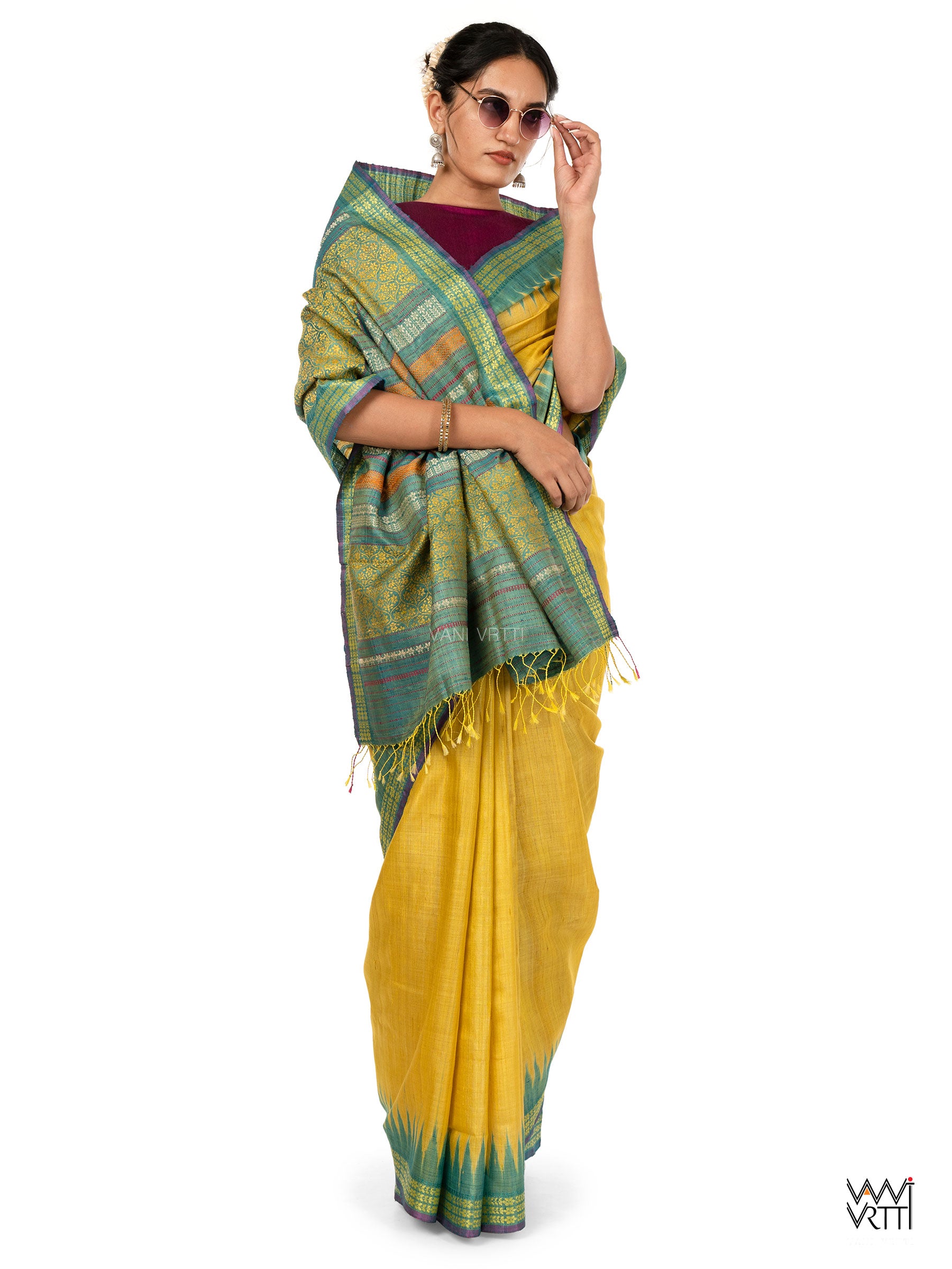 Banana Yellow Firozi Parijat Handspun Tussar Silk Saree