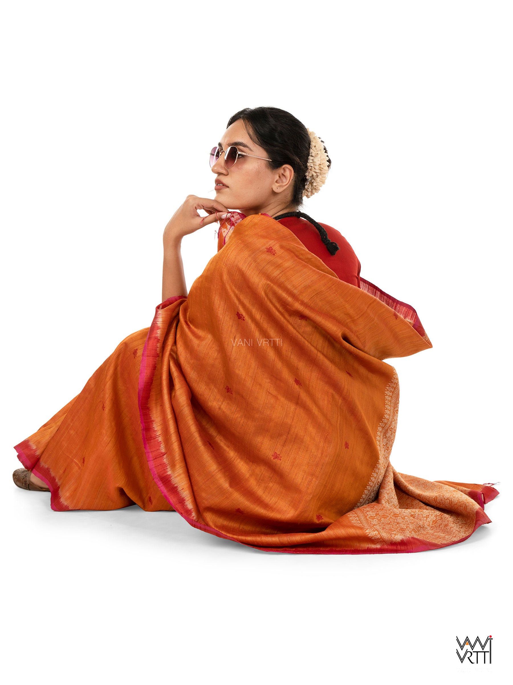 Rust Orange Nabh Butterfly Handspun Tussar Silk Saree