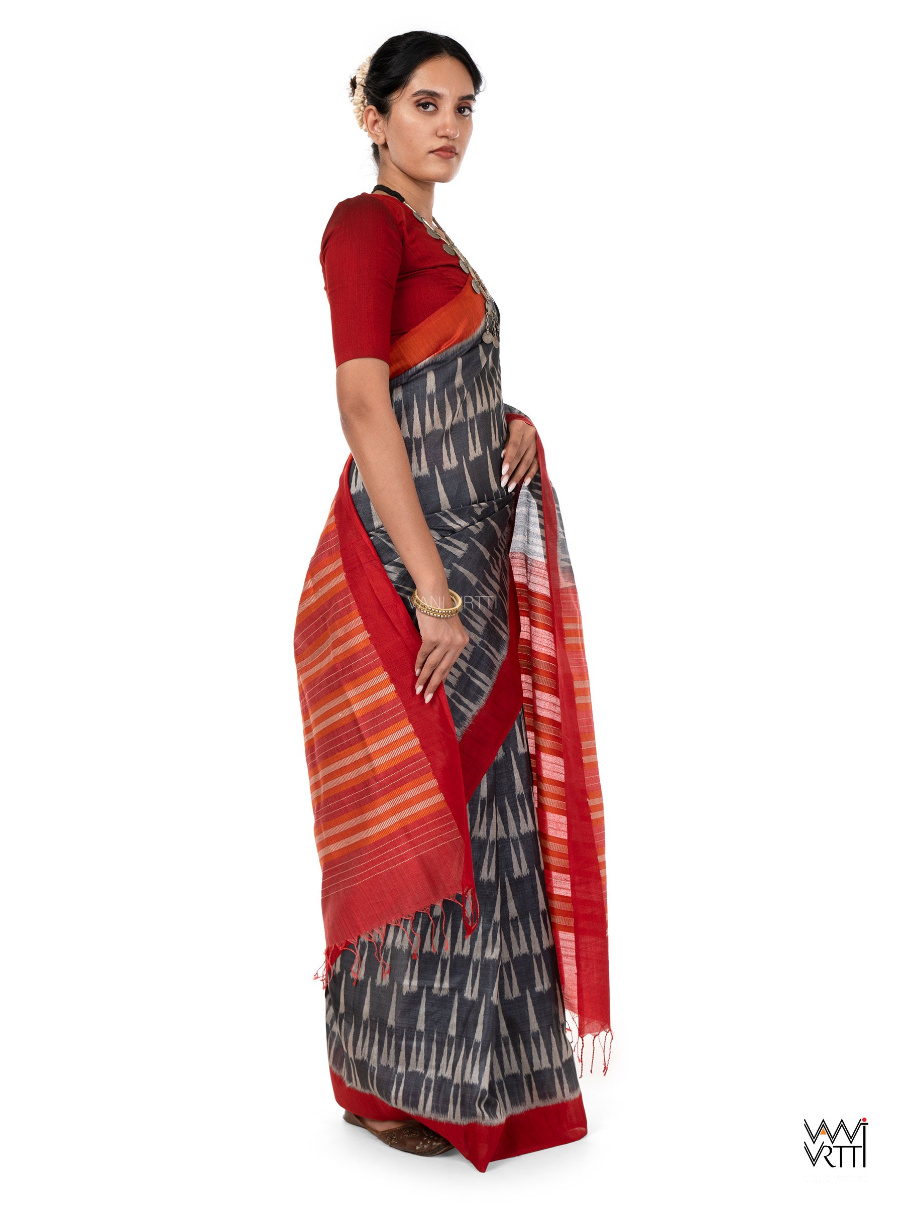 Black Red Alpana Handspun Tussar Silk Sari