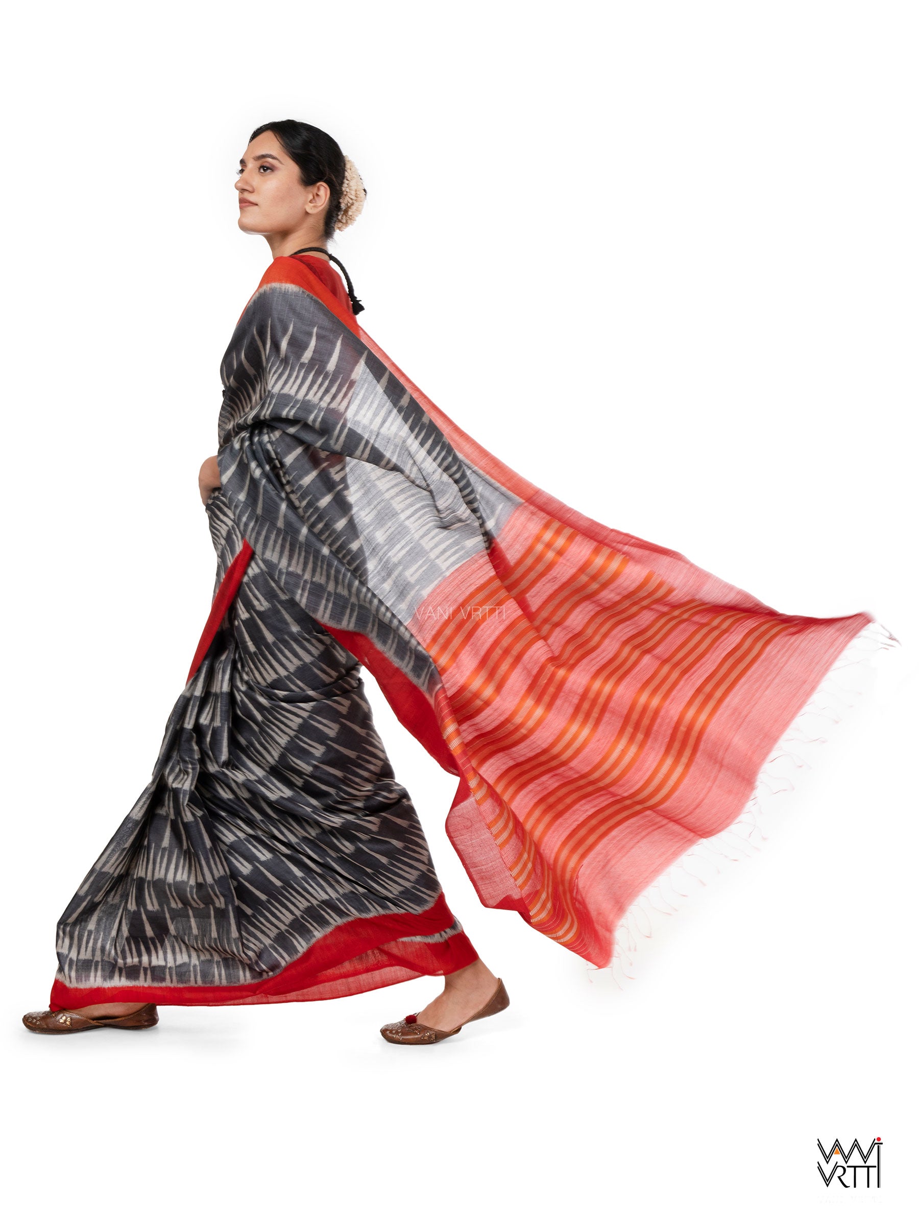 Black Red Alpana Handspun Tussar Silk Sari