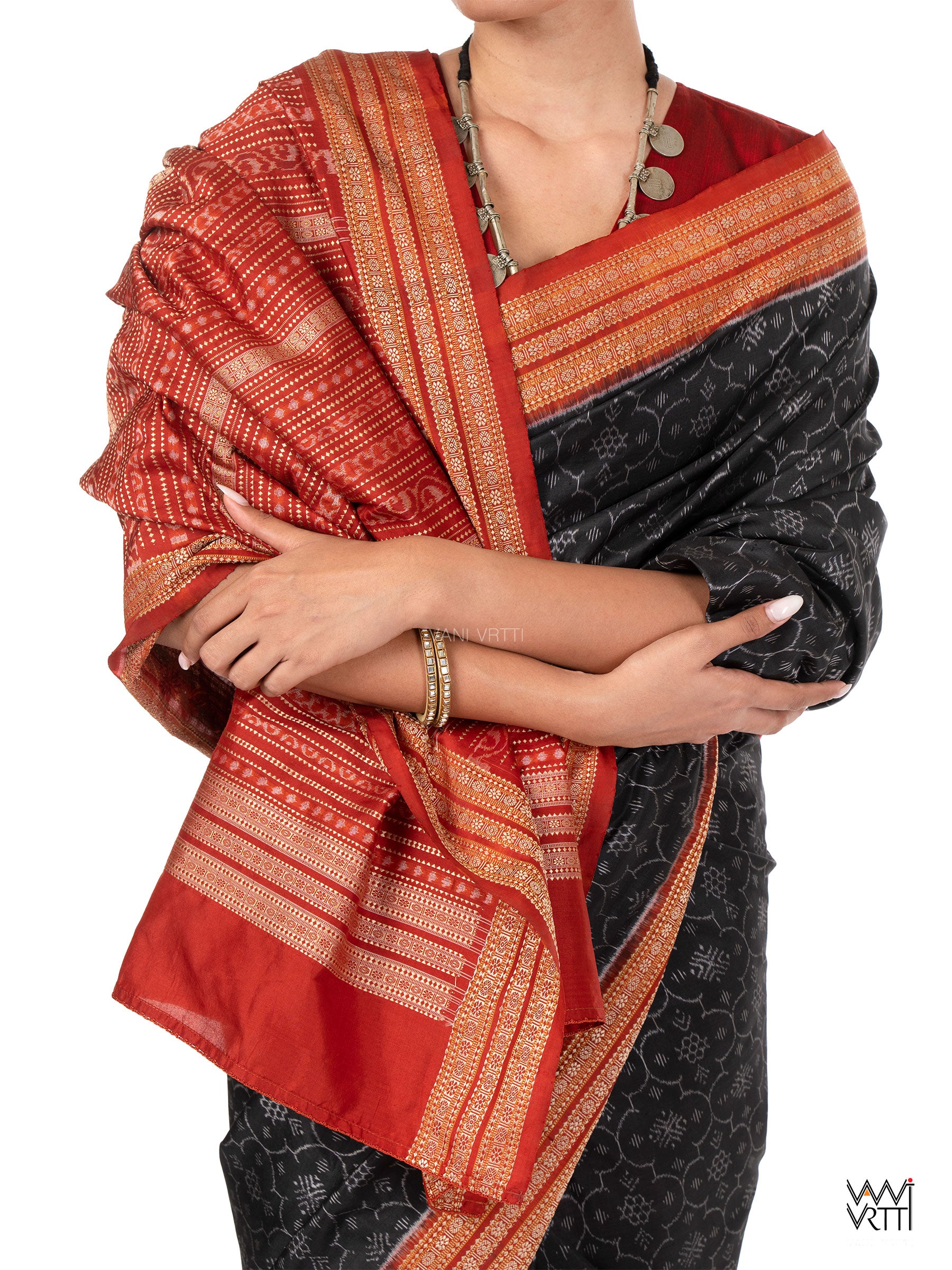 Iron Rust Black Madder Shamma Prakritik Natural Dyed Mulberry Silk Ikat Saree