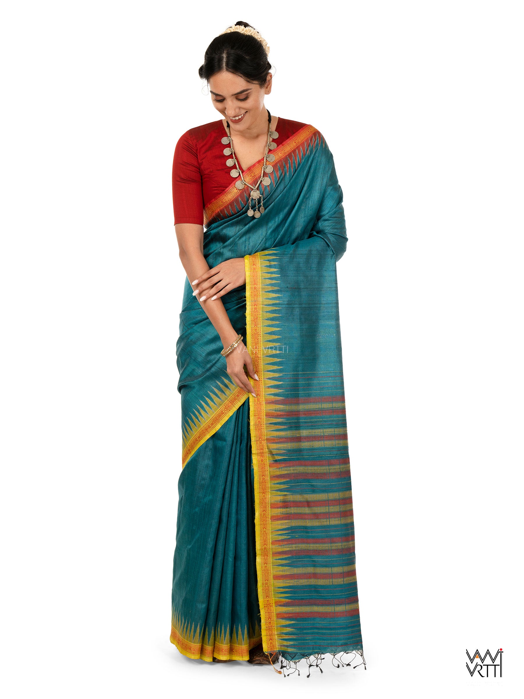 Deep Teal Red Mustard Aarush Handspun Tussar Silk Saree