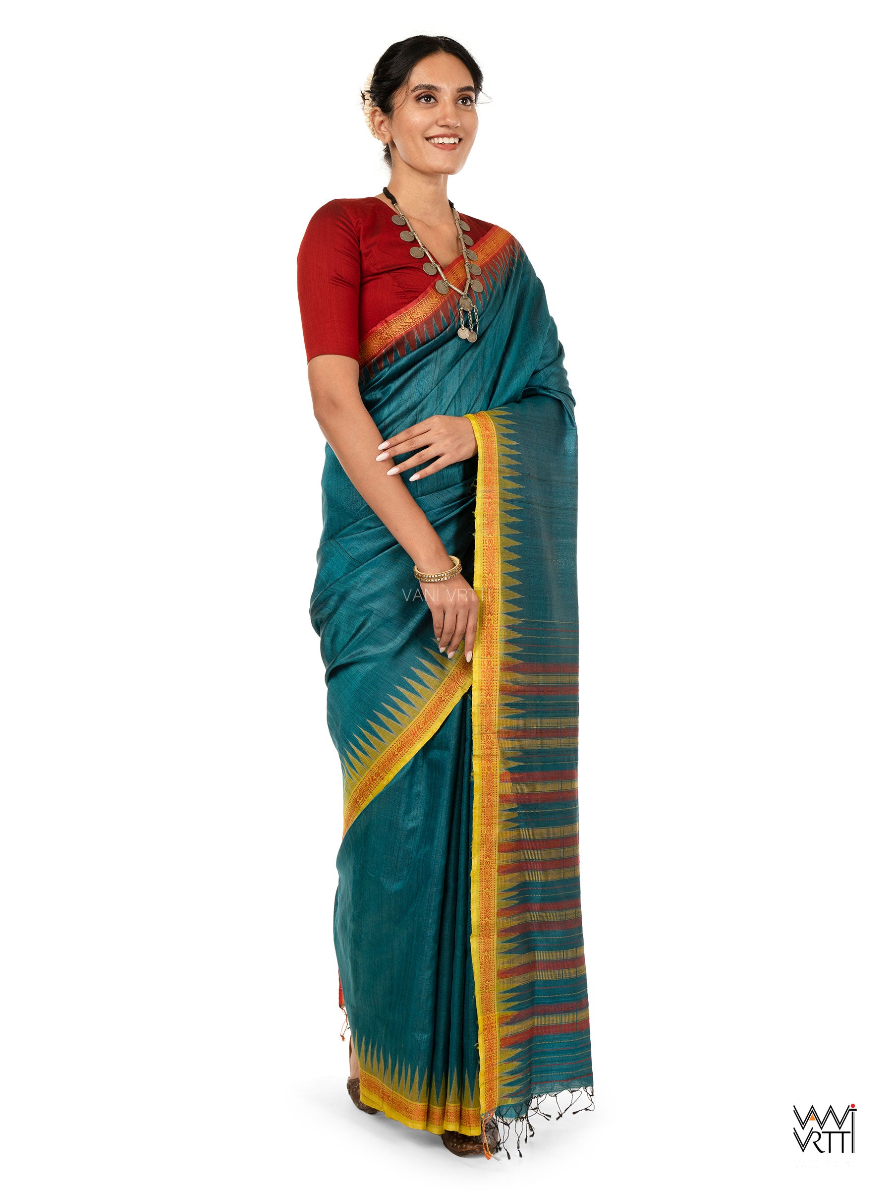 Deep Teal Red Mustard Aarush Handspun Tussar Silk Saree