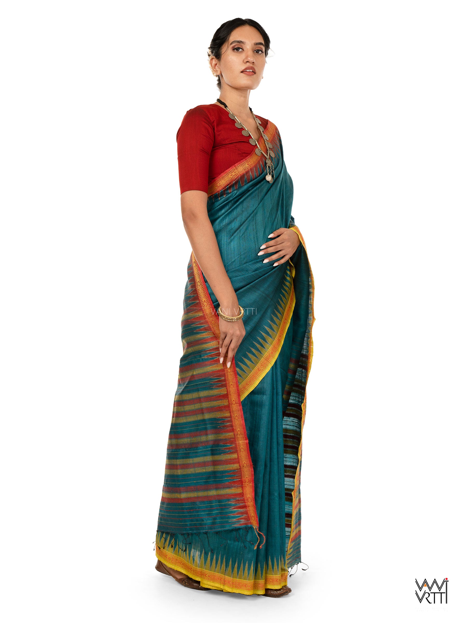 Deep Teal Red Mustard Aarush Handspun Tussar Silk Saree